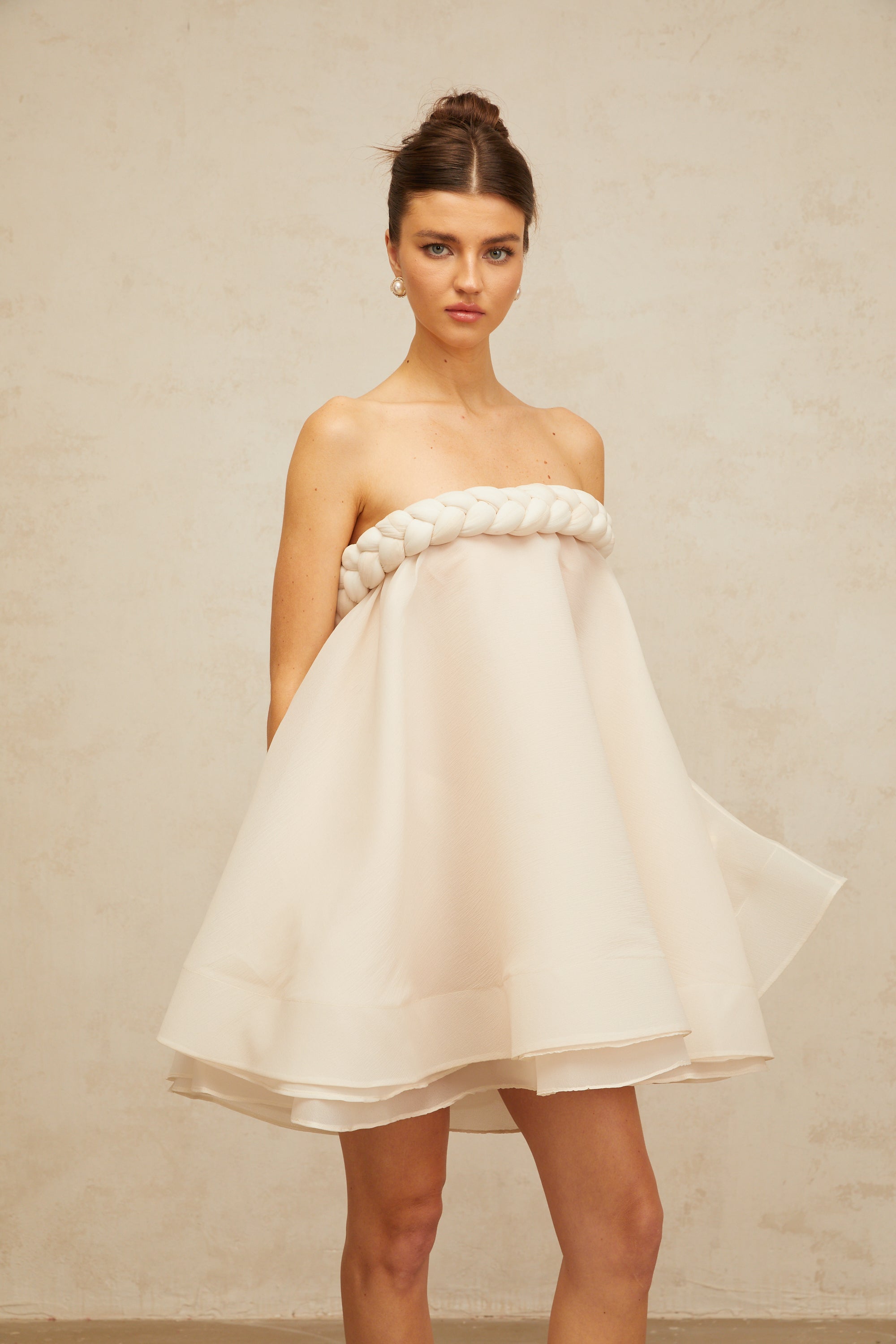 Violette white braid-detail puff mini dress