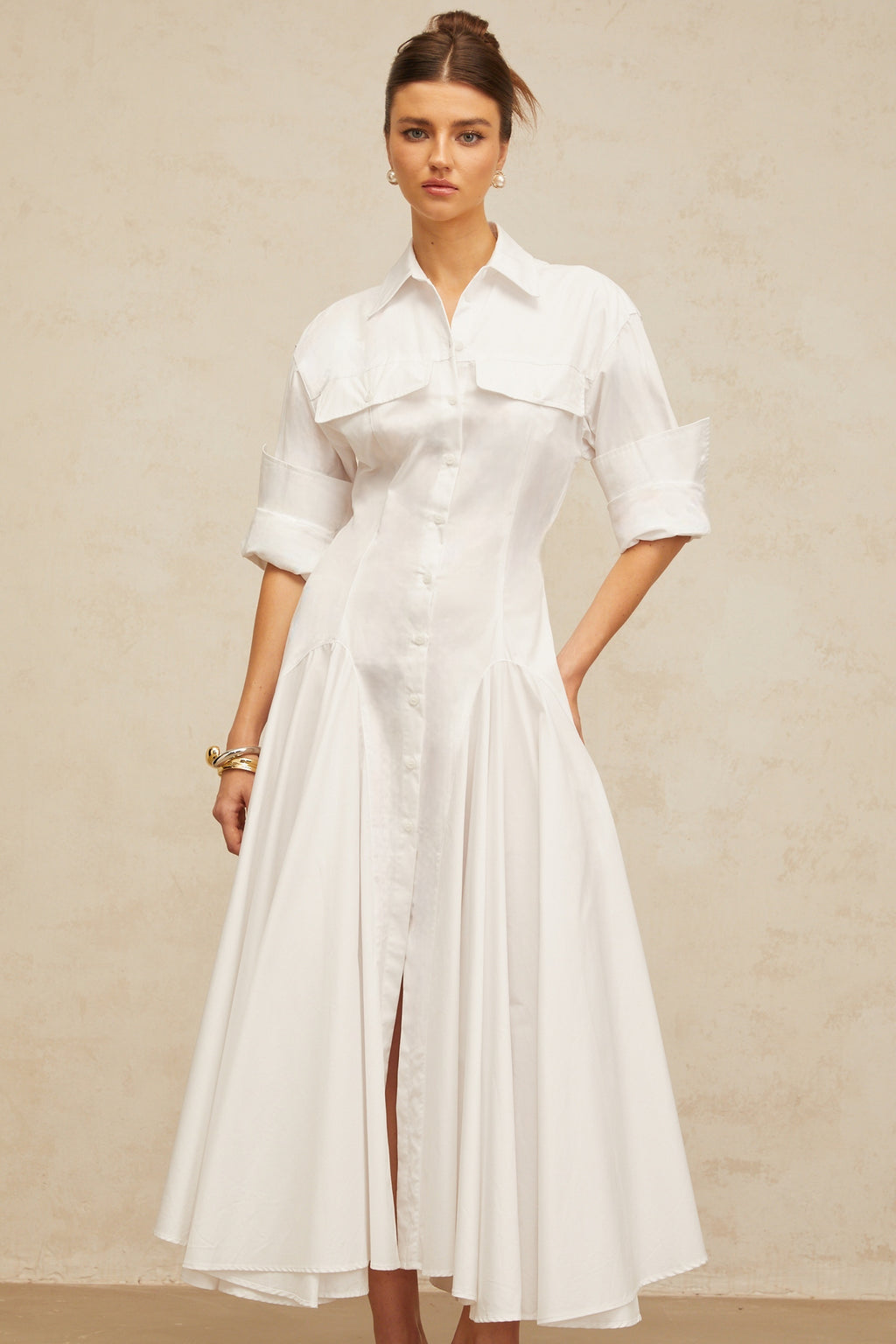 Dulcie white front-slit shirred shirt dress