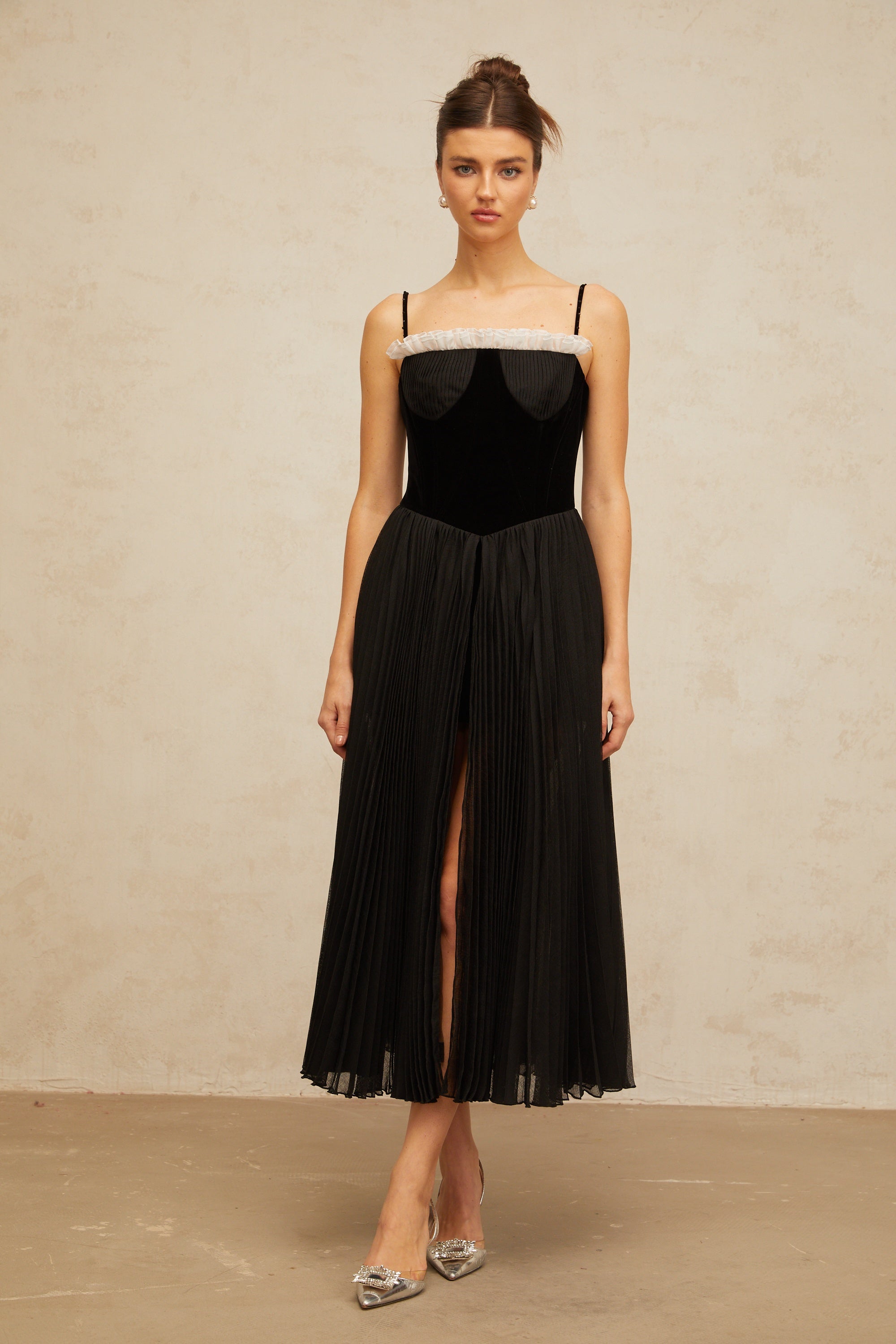 Clémence black velvet-panel pleated midi dress