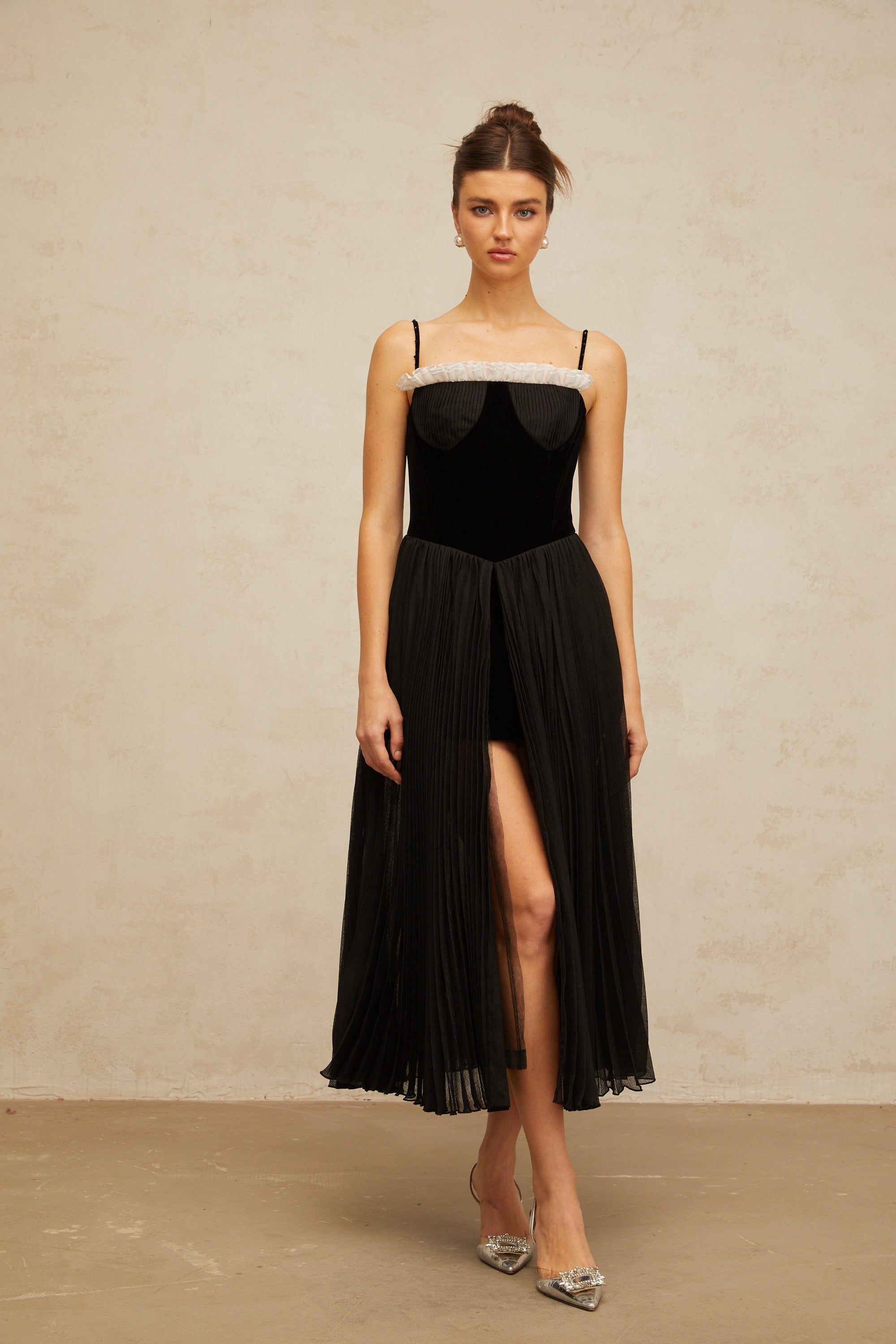 Clémence black velvet-panel pleated midi dress