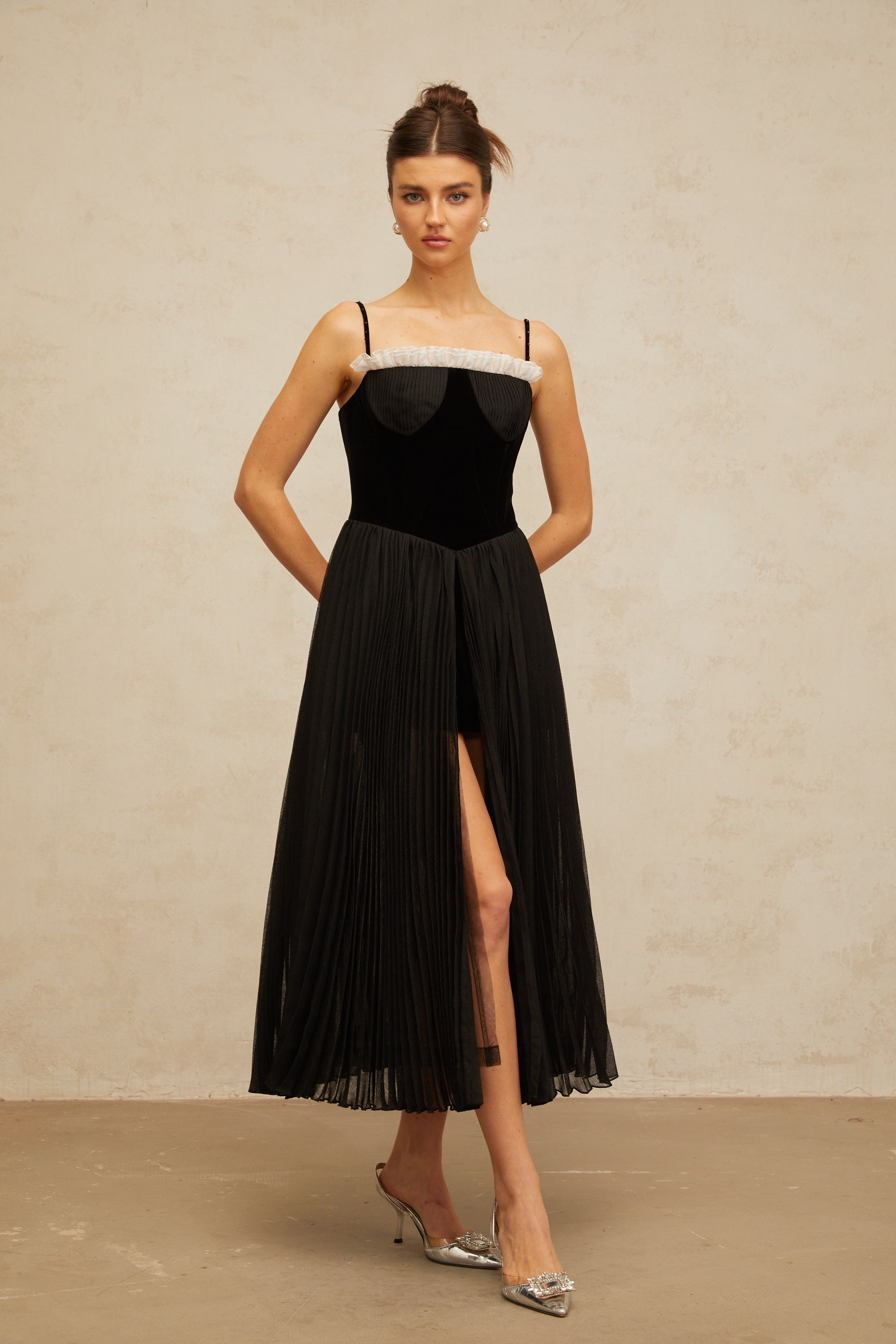 Clémence black velvet-panel pleated midi dress