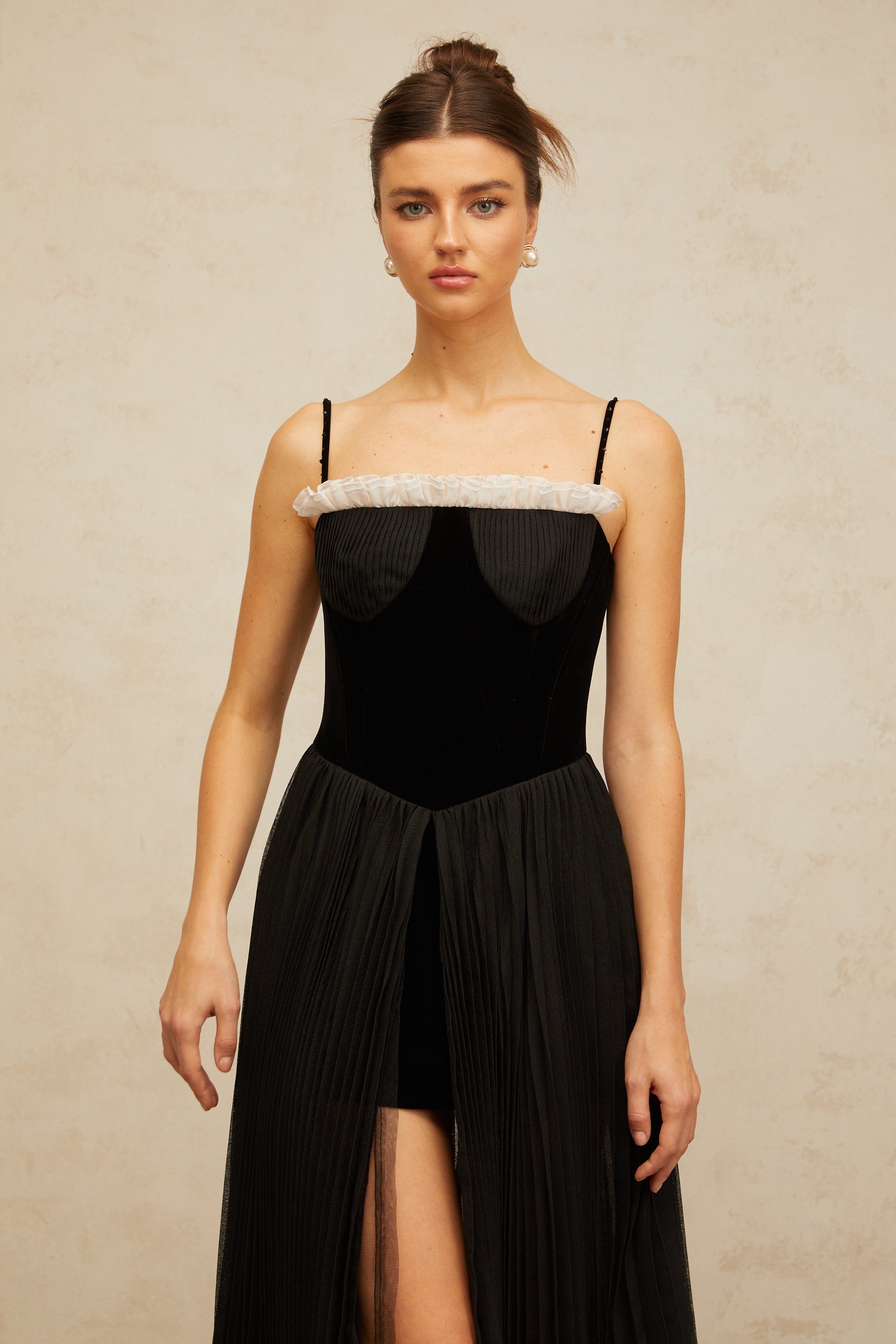 Clémence black velvet-panel pleated midi dress