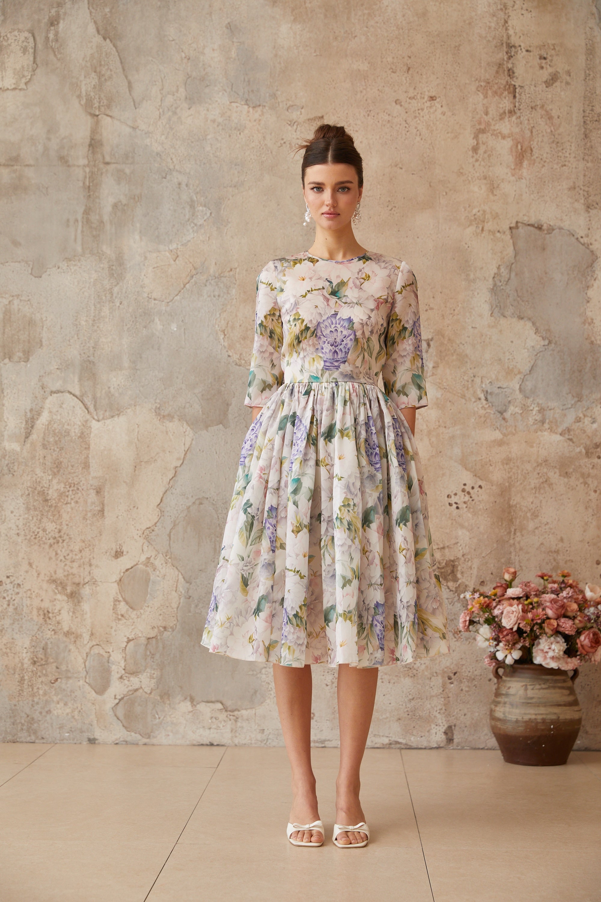 Lydie Floral Print Shirred Midi Dress