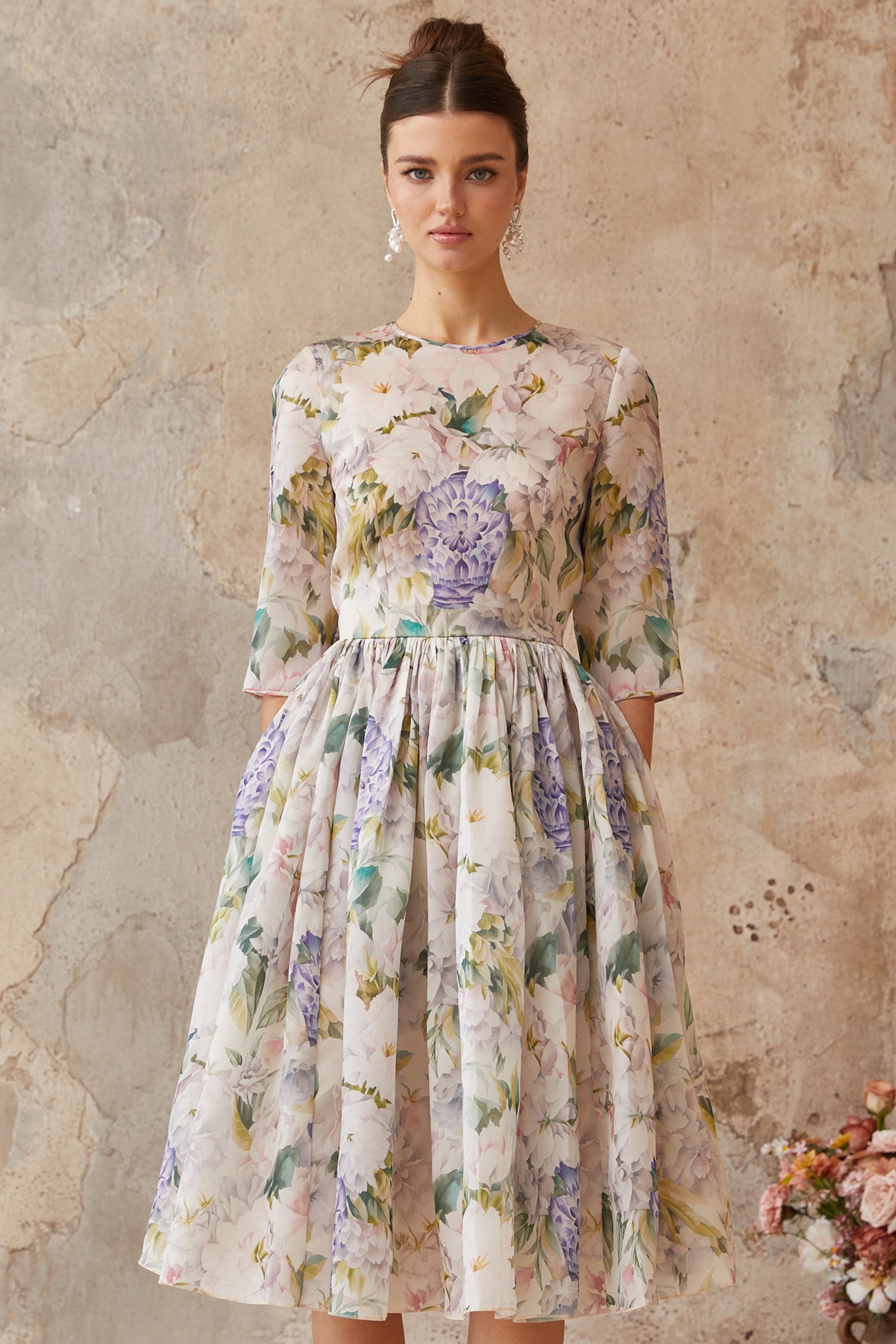 Lydie Floral Print Shirred Midi Dress