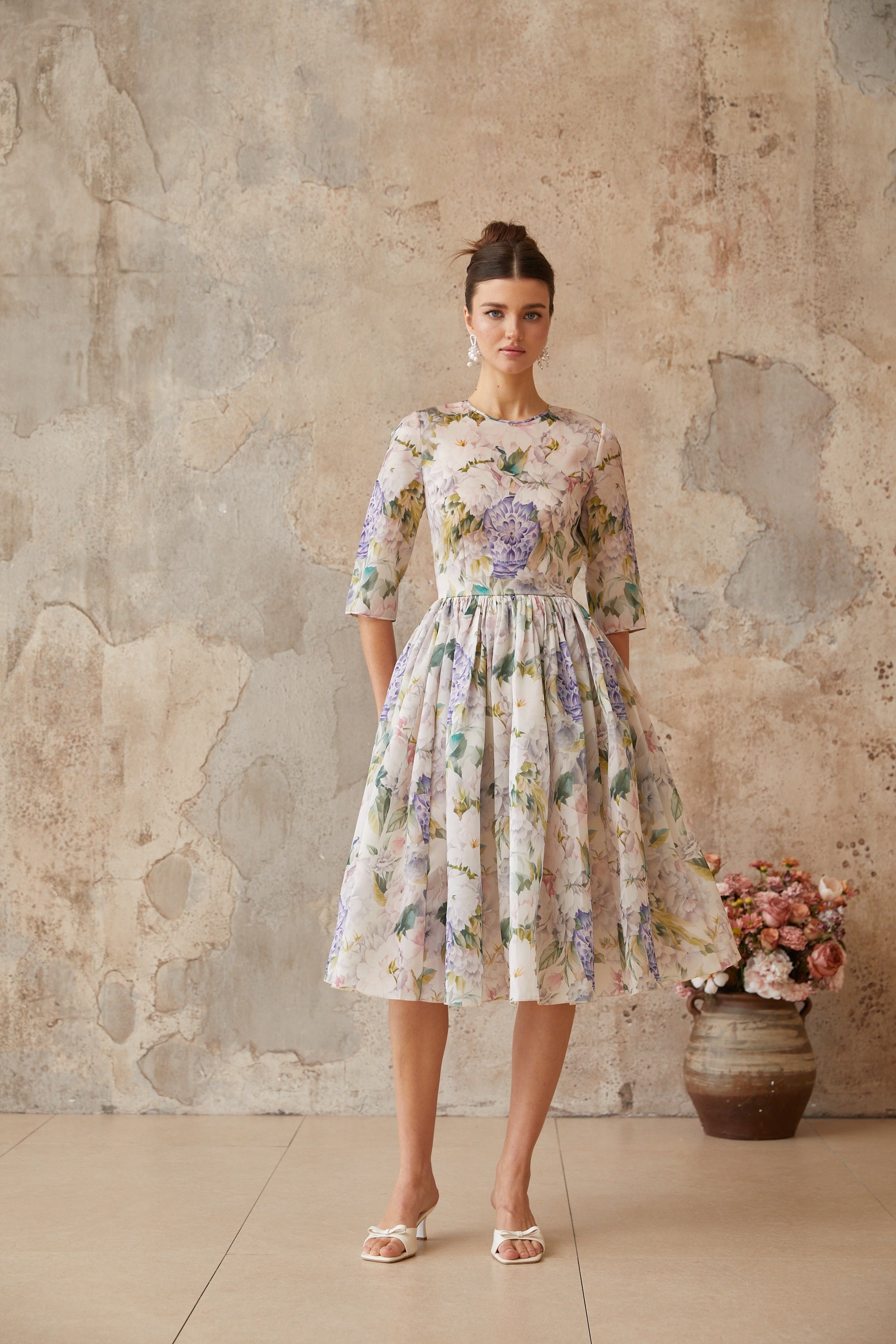 Lydie Floral Print Shirred Midi Dress