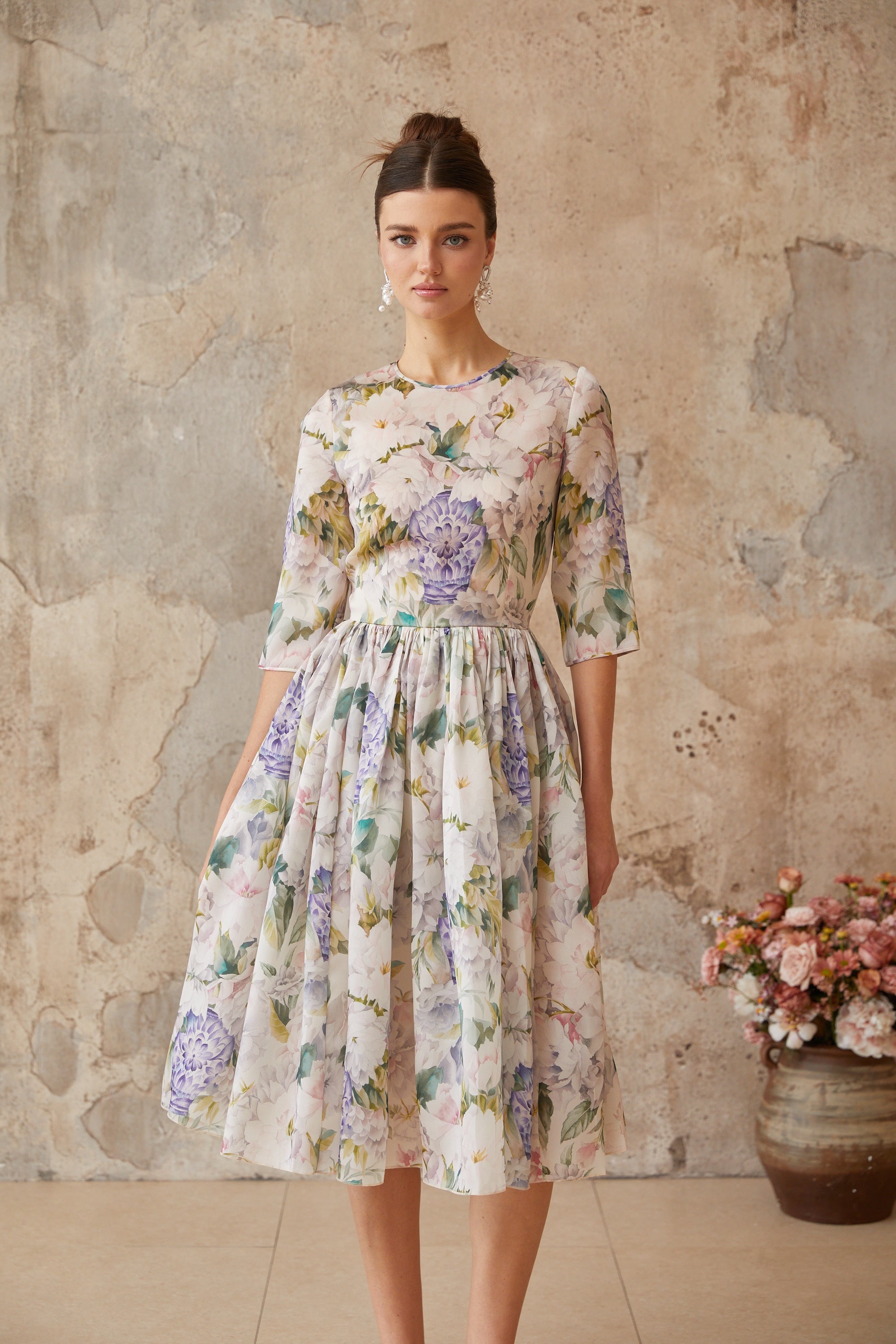 Lydie Floral Print Shirred Midi Dress