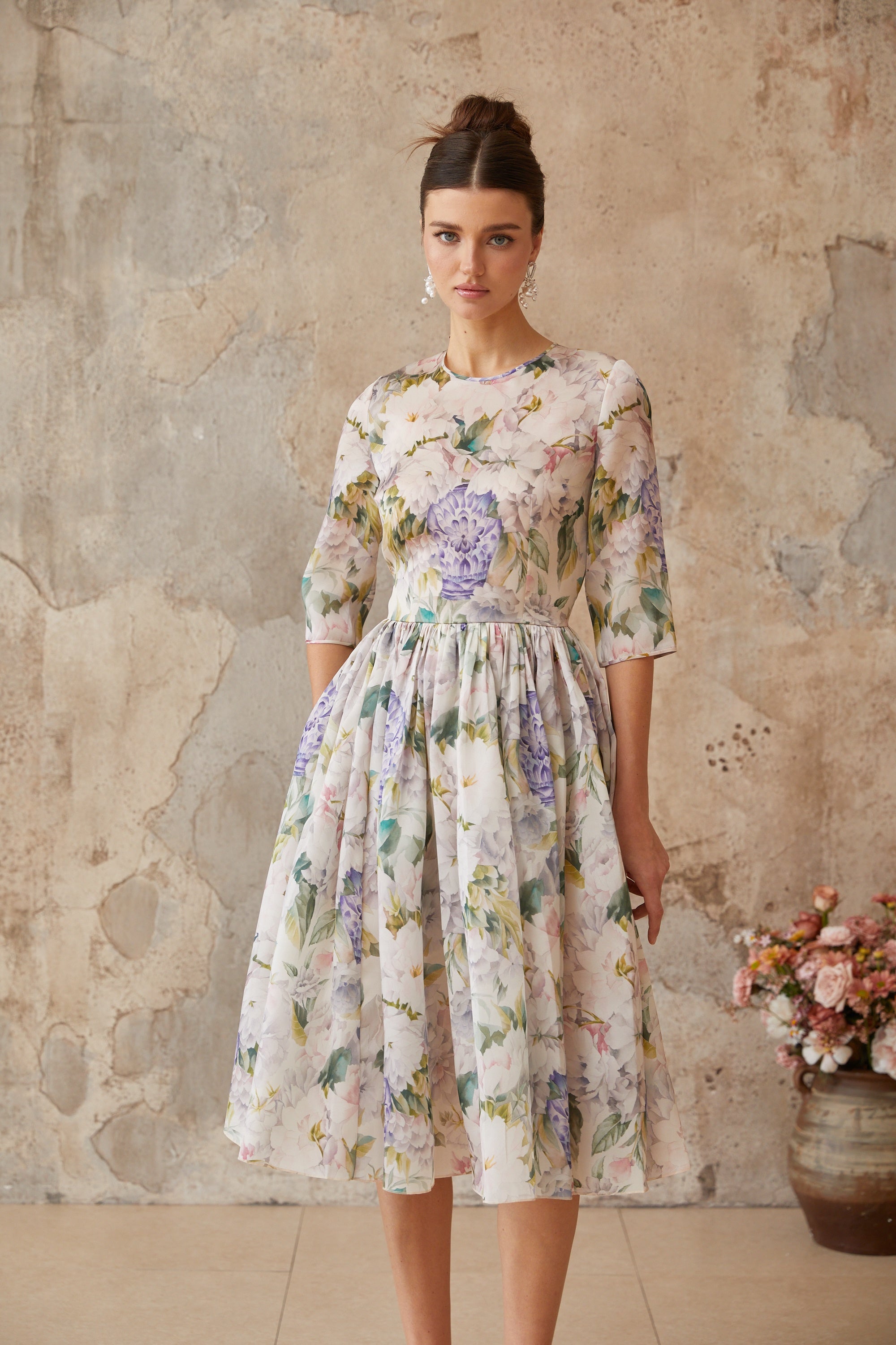 Lydie Floral Print Shirred Midi Dress