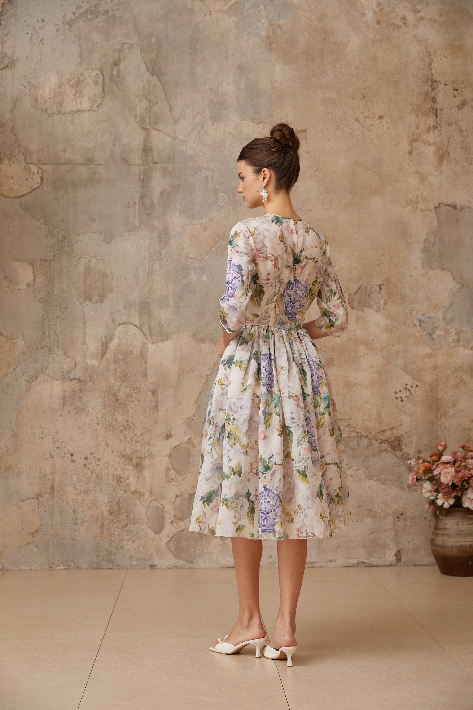 Lydie Floral Print Shirred Midi Dress