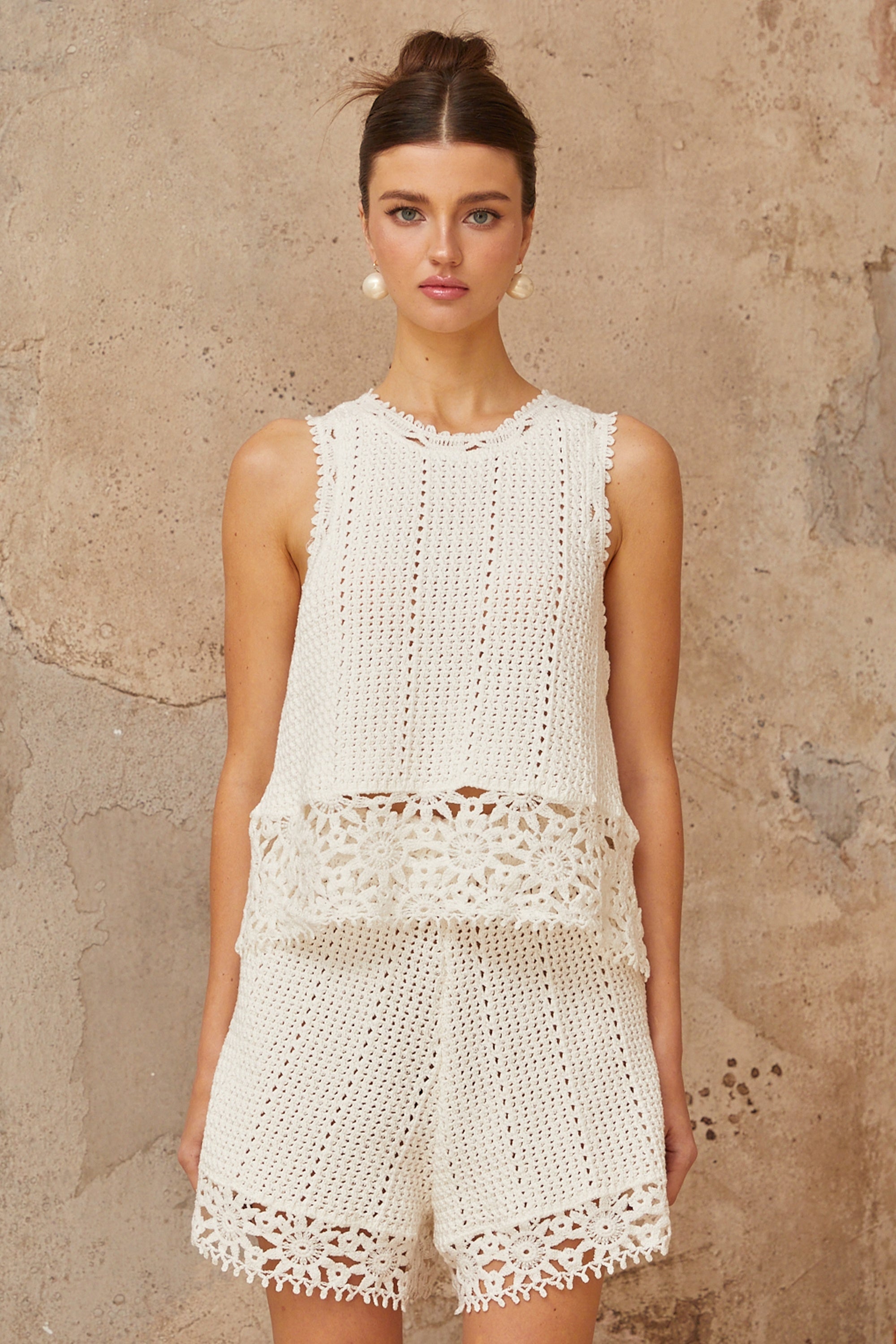 Gisèle White Floral Appliqué Crochet Knit Two-Piece Top and Shorts Set (Final Sale-US Only)