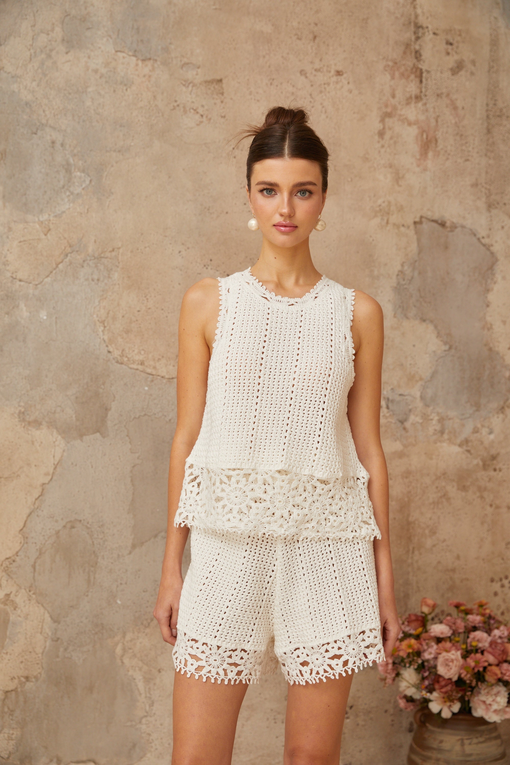 Gisèle White Floral Appliqué Crochet Knit Two-Piece Top and Shorts Set (Final Sale-US Only)