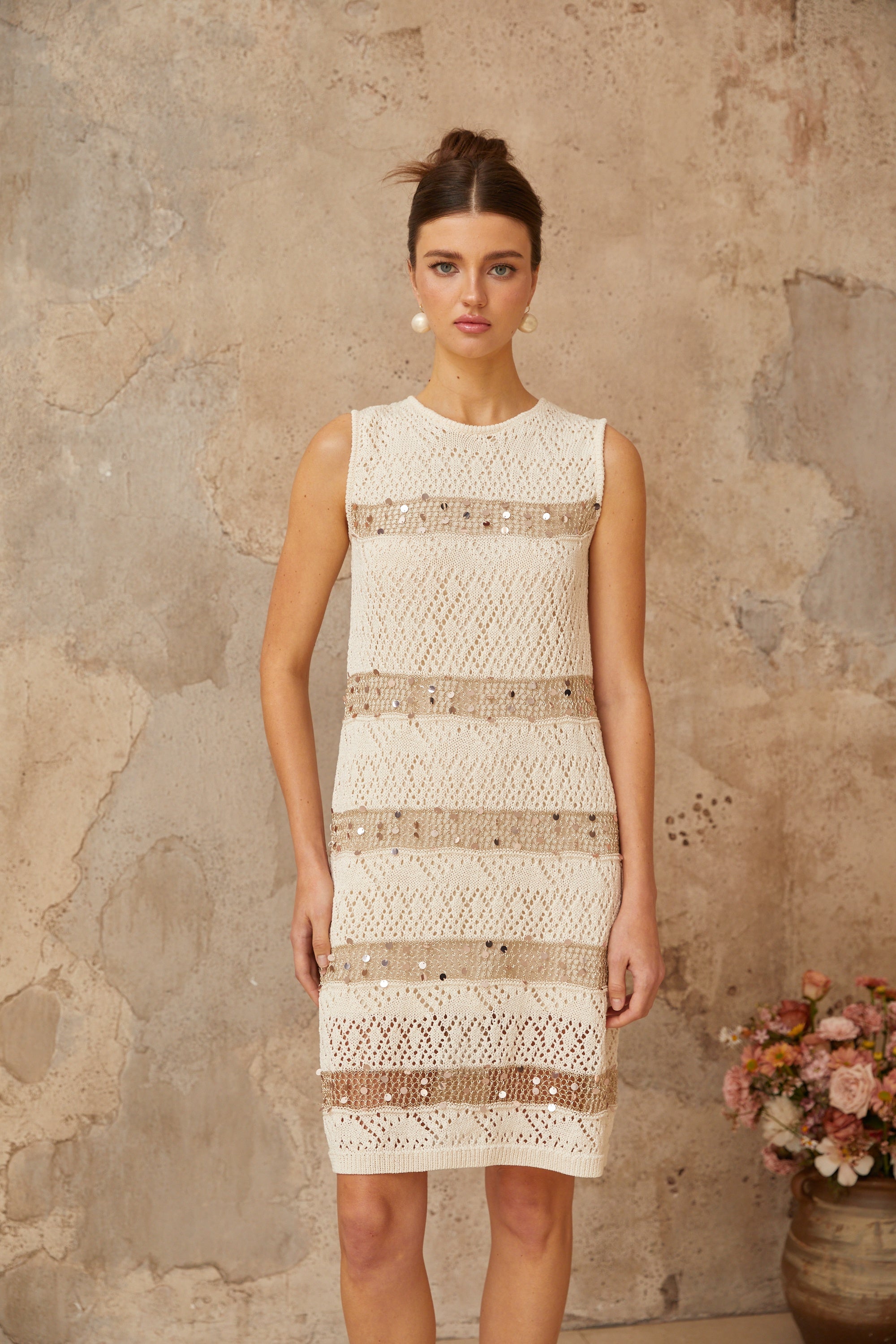 Colette off-white sequined crochet-knit mini dress