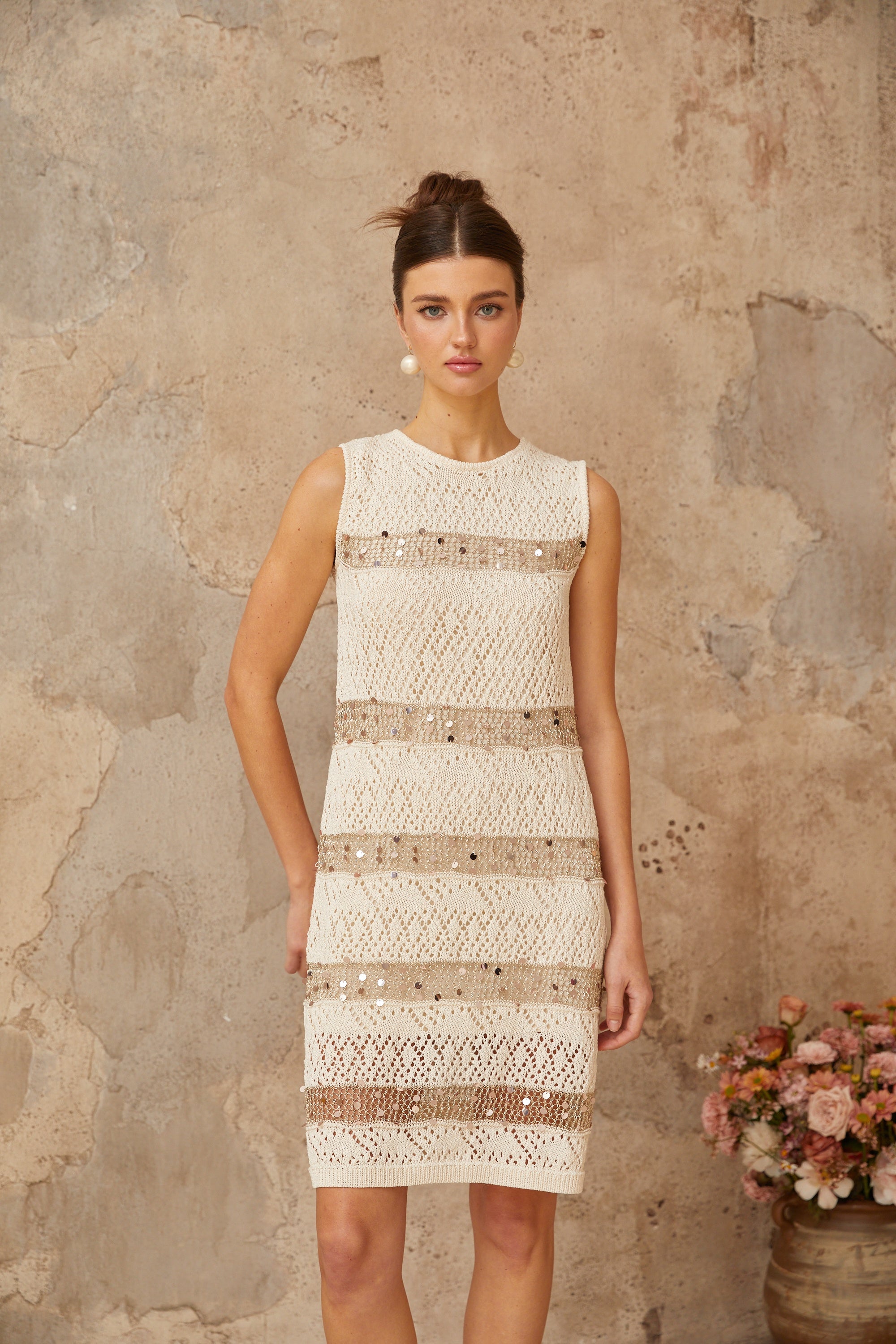 Colette off-white sequined crochet-knit mini dress