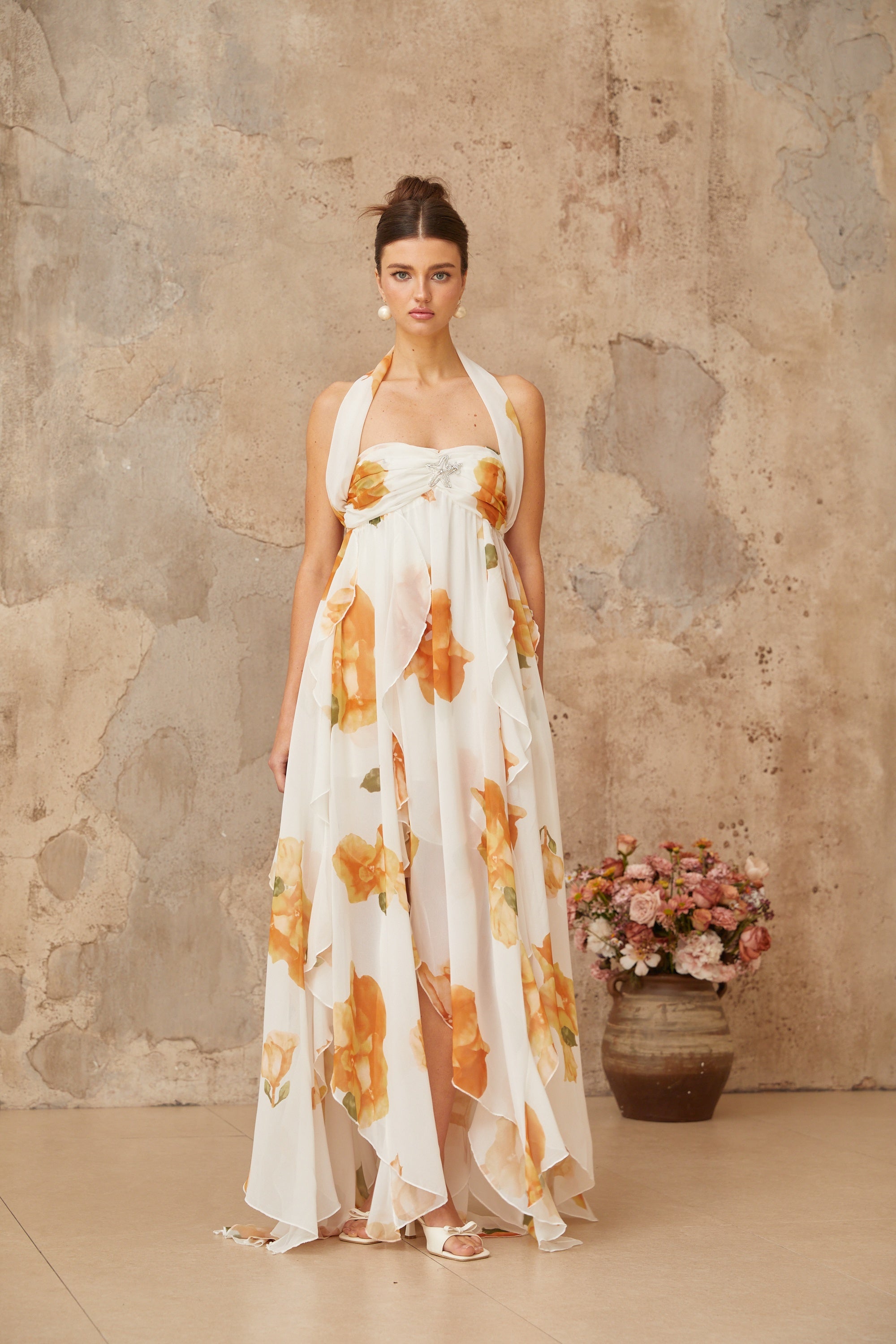 Mariah White Floral Print Ruffled Tulle Maxi Dress