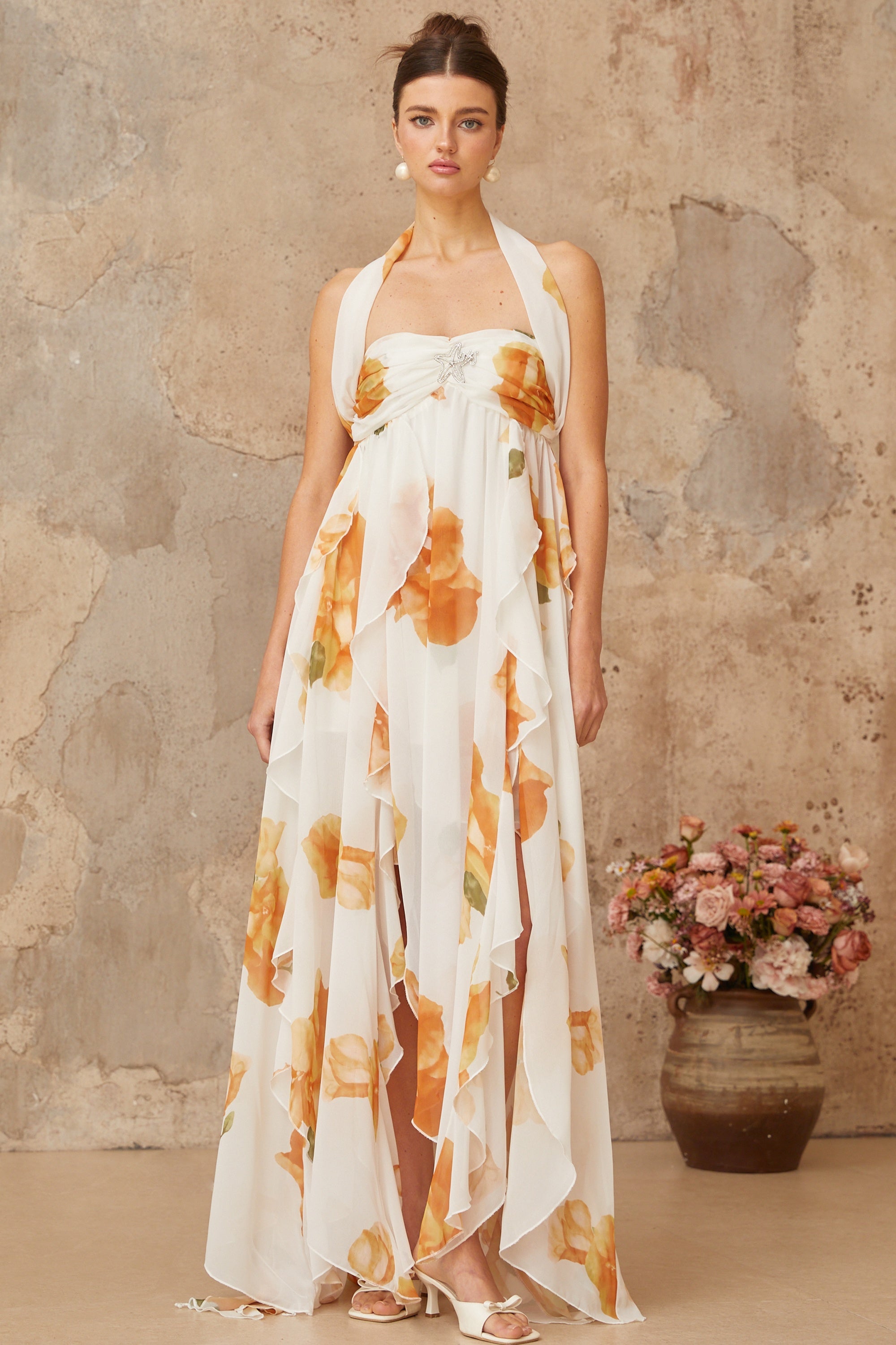 Mariah White Floral Print Ruffled Tulle Maxi Dress