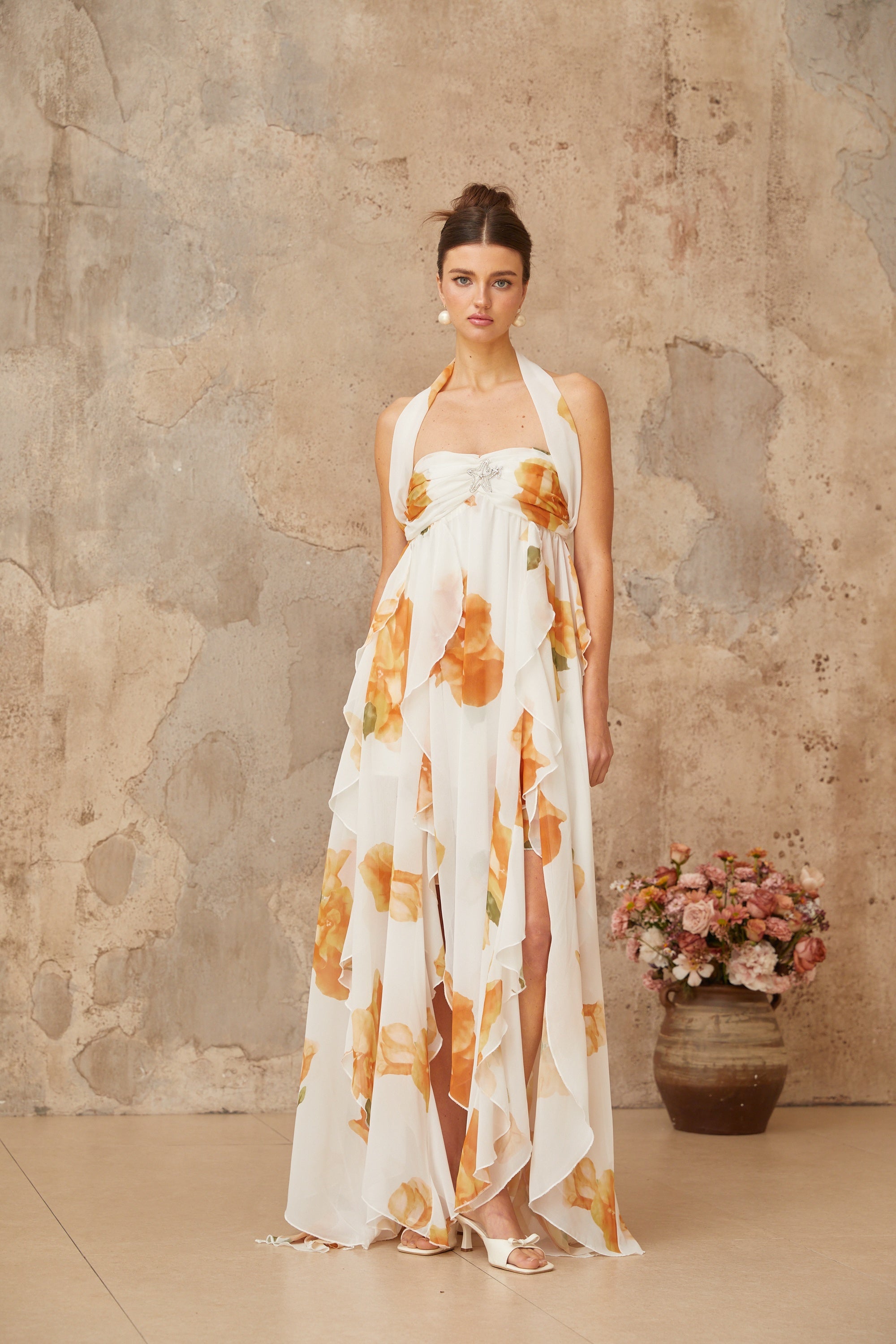 Mariah White Floral Print Ruffled Tulle Maxi Dress