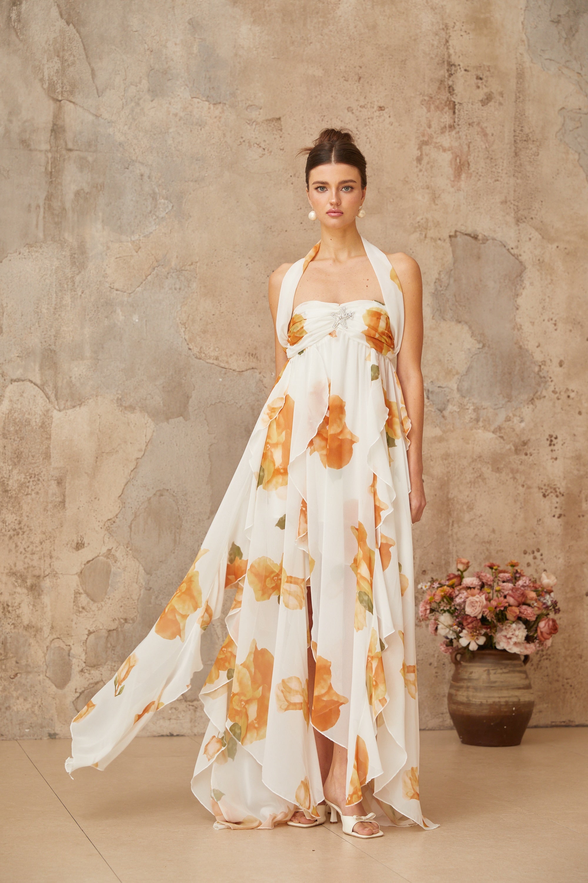 Mariah White Floral Print Ruffled Tulle Maxi Dress