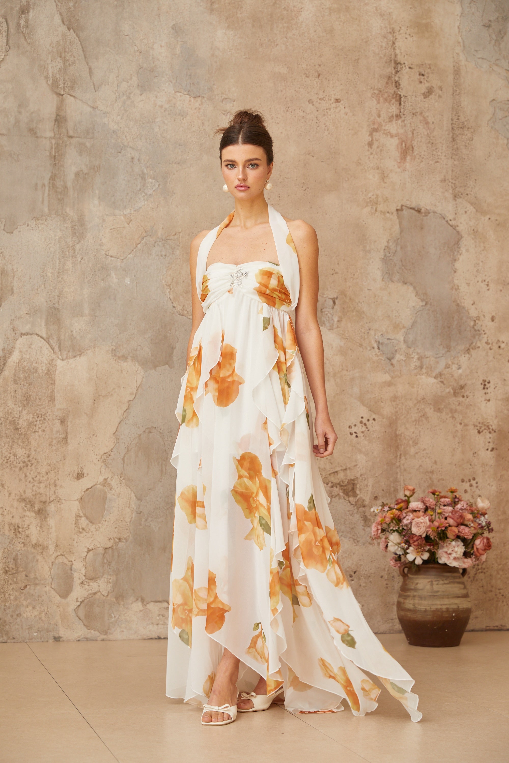 Mariah White Floral Print Ruffled Tulle Maxi Dress
