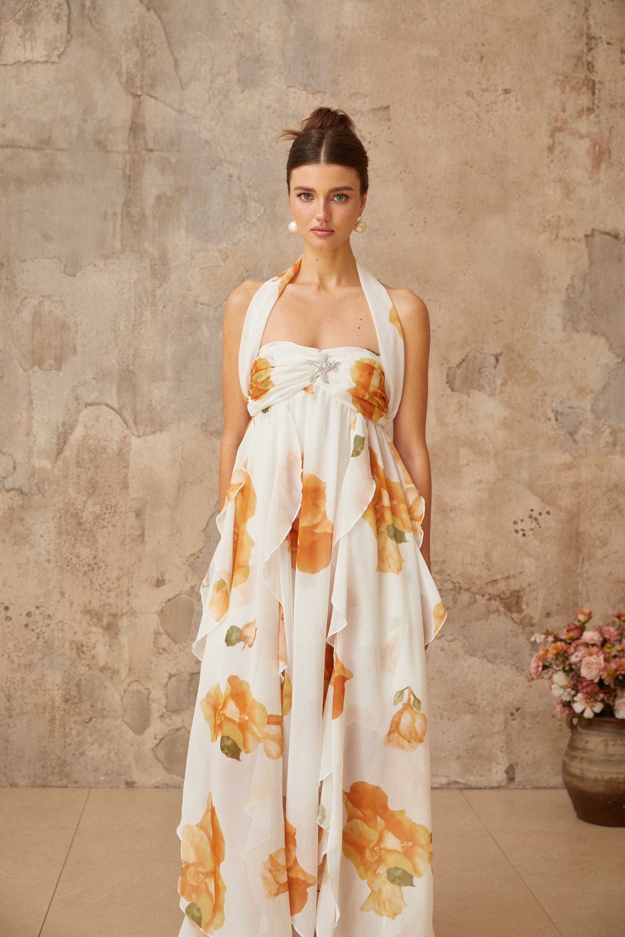 Mariah White Floral Print Ruffled Tulle Maxi Dress