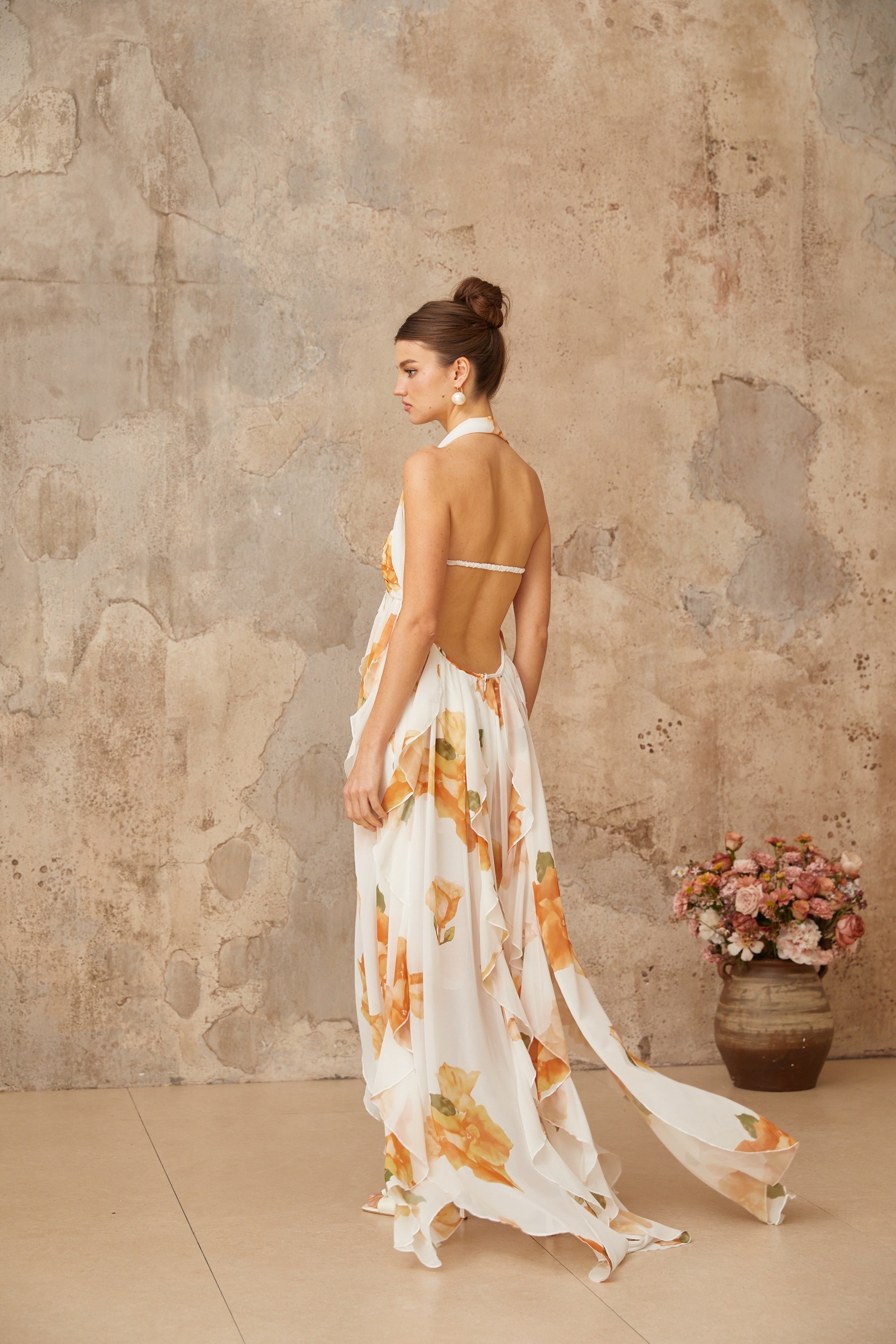 Mariah White Floral Print Ruffled Tulle Maxi Dress