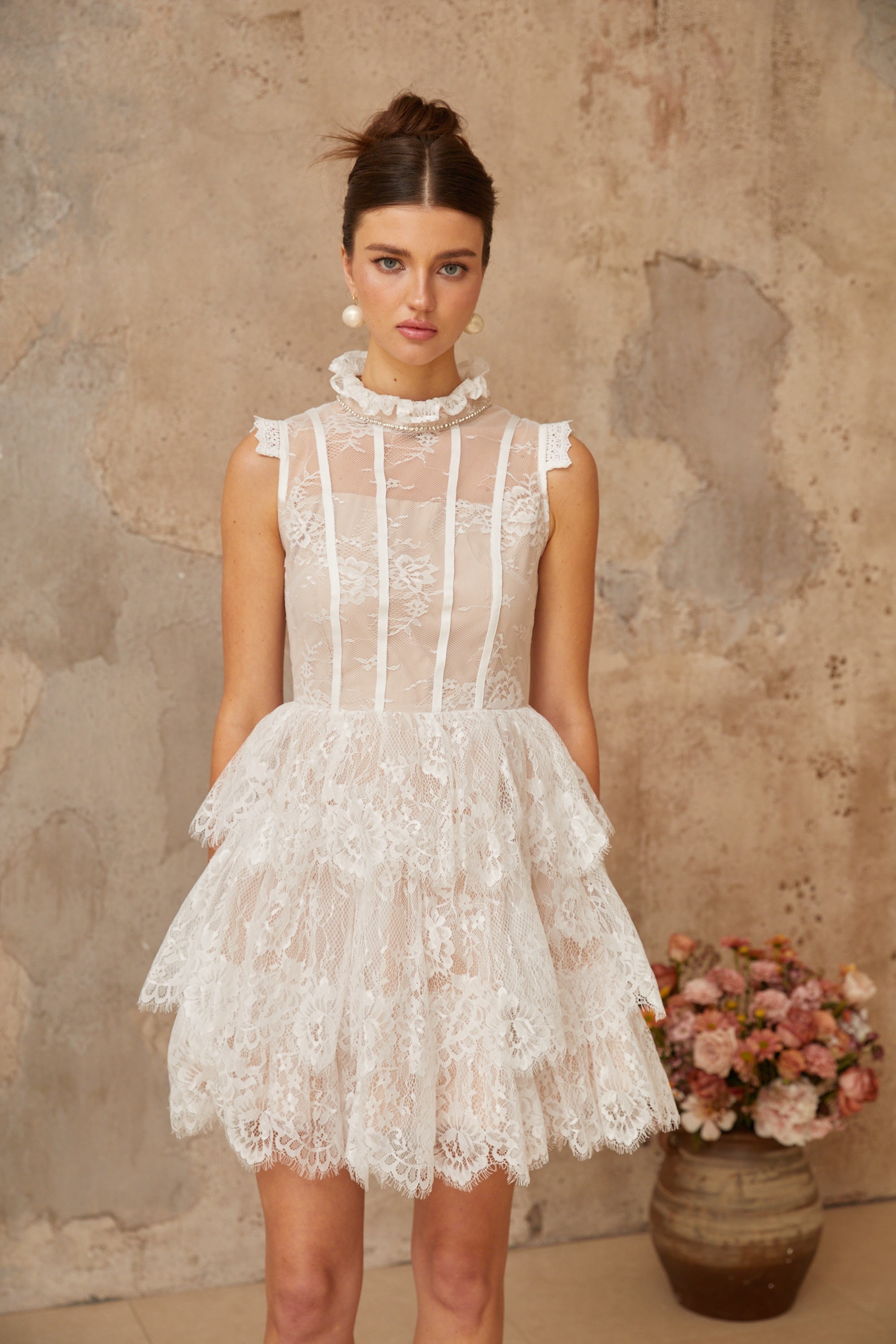 Thérèse white embellished floral-lace tiered mini dress