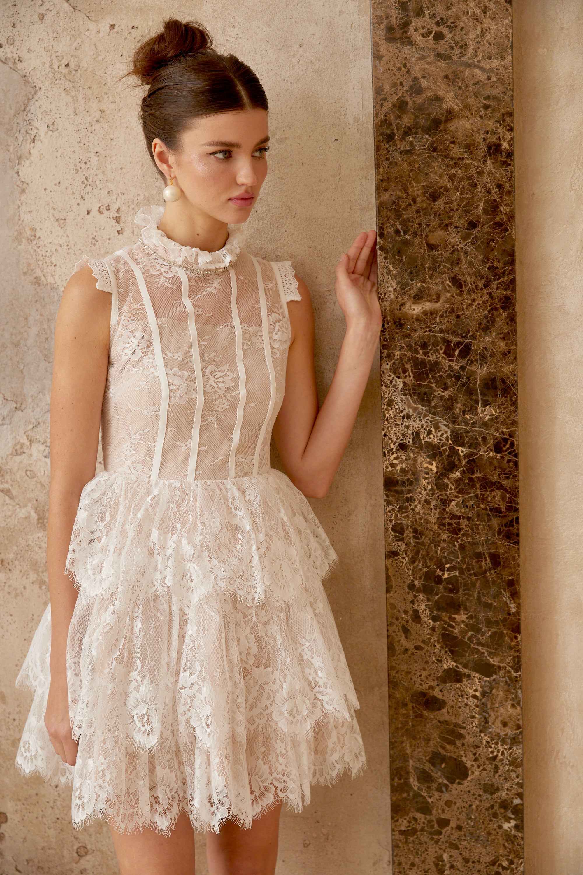 Thérèse white embellished floral-lace tiered mini dress