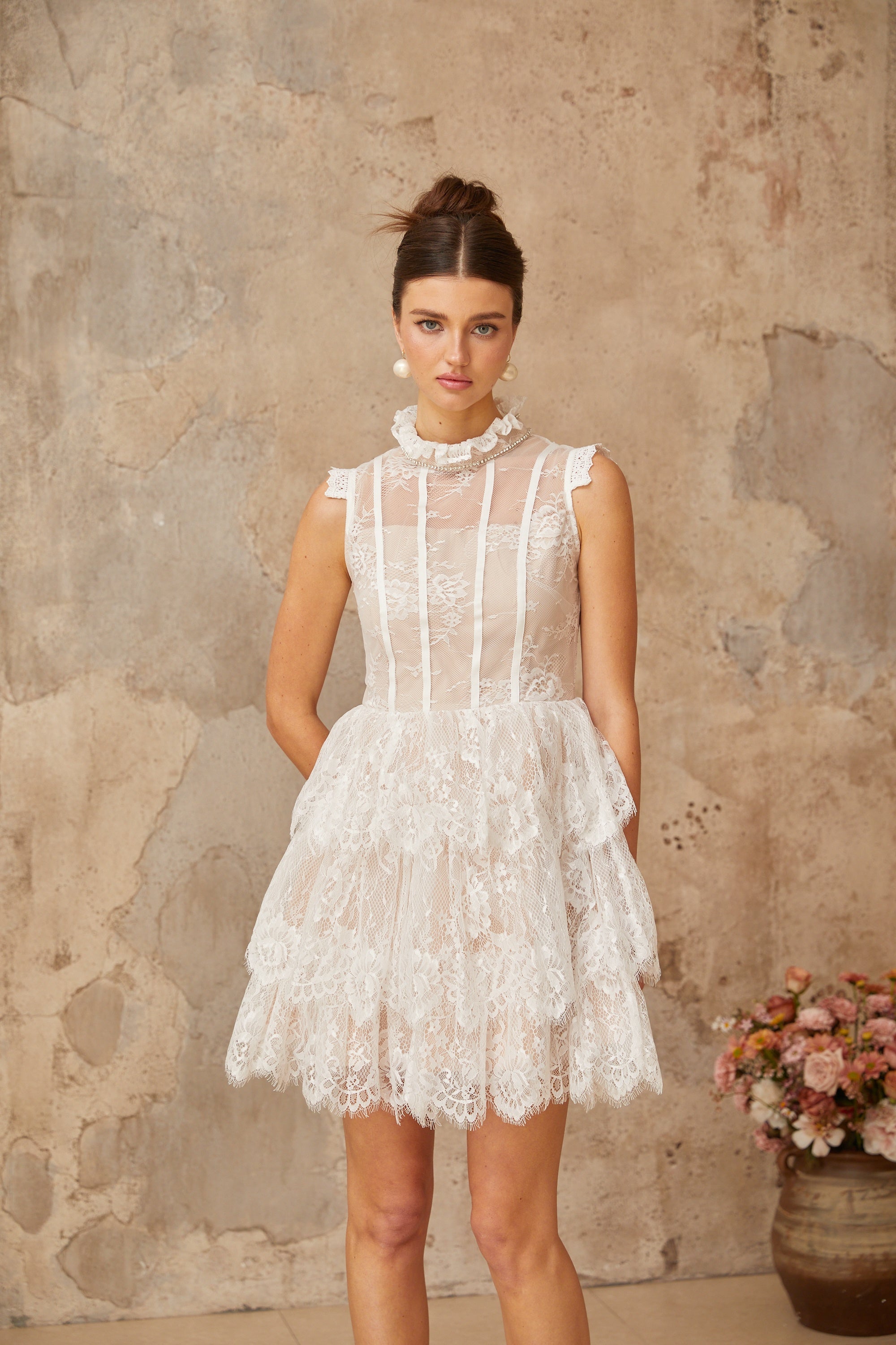 Thérèse white embellished floral-lace tiered mini dress