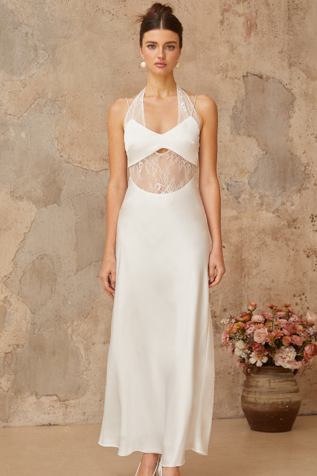 Blanche white lace-panel satin maxi dress