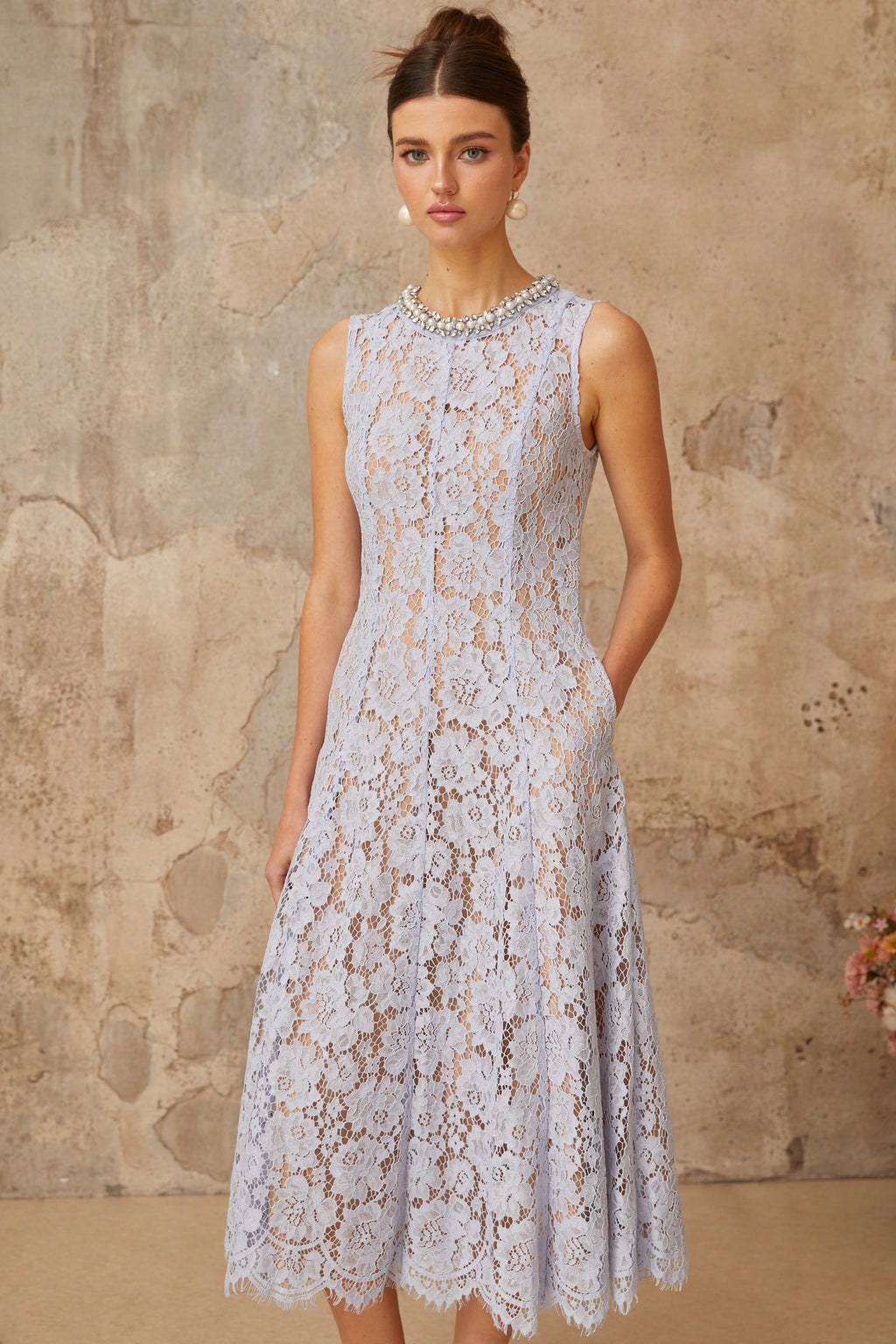 Lison blue embellished floral-lace midi dress