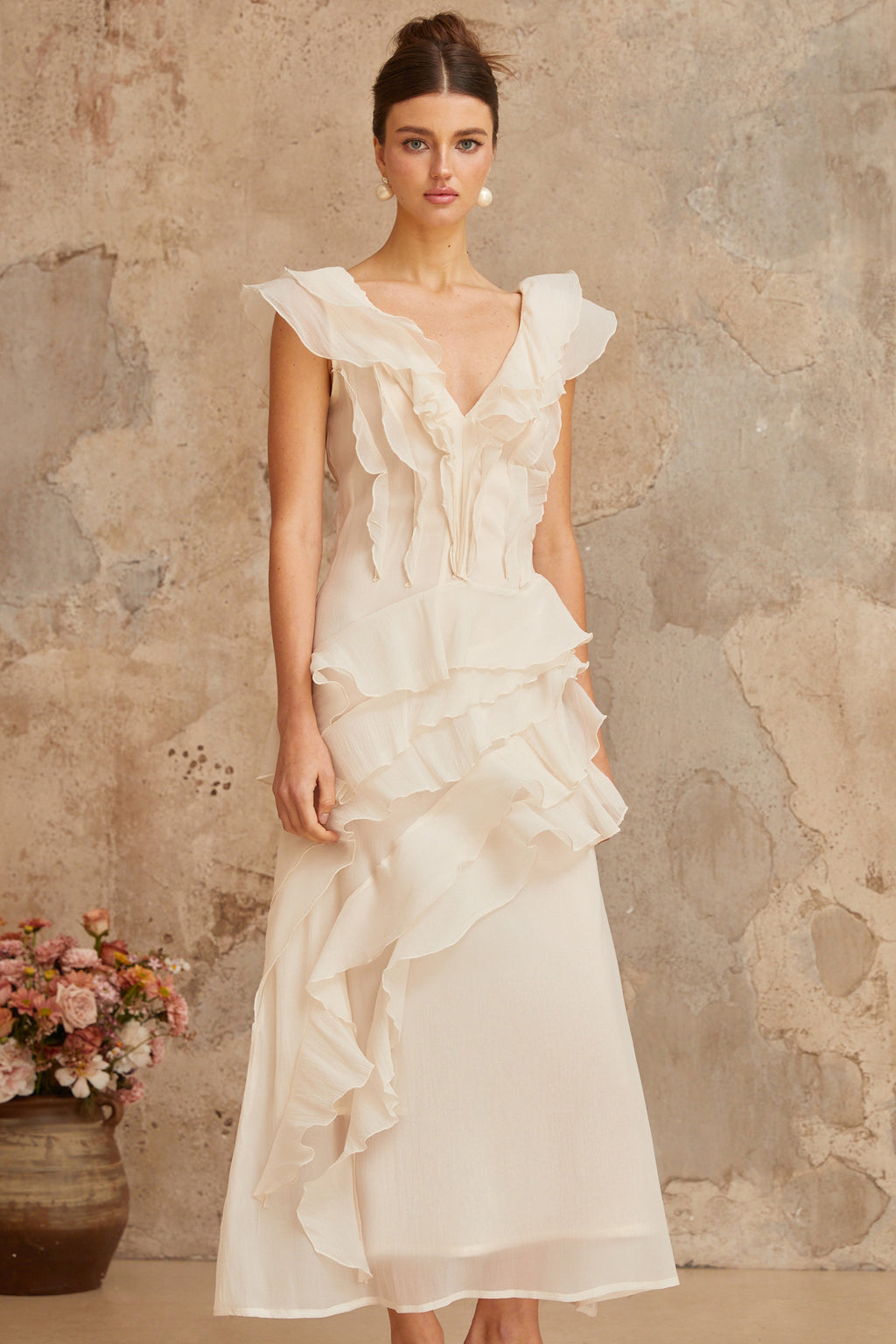 Hélène faux-flower layered ruffled maxi dress