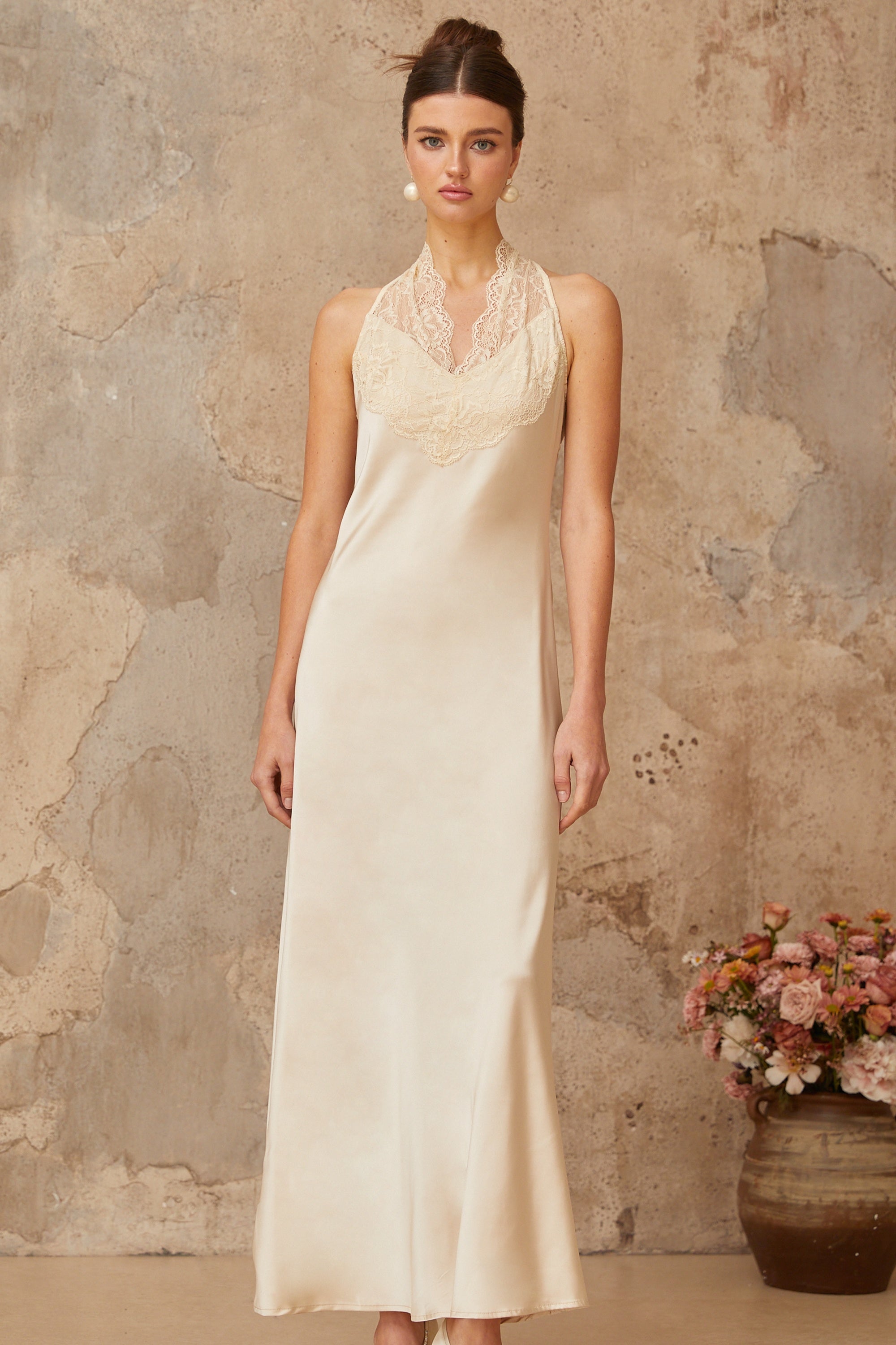 Vera White Lace Trim Satin Maxi Dress (Final Sale-US Only)