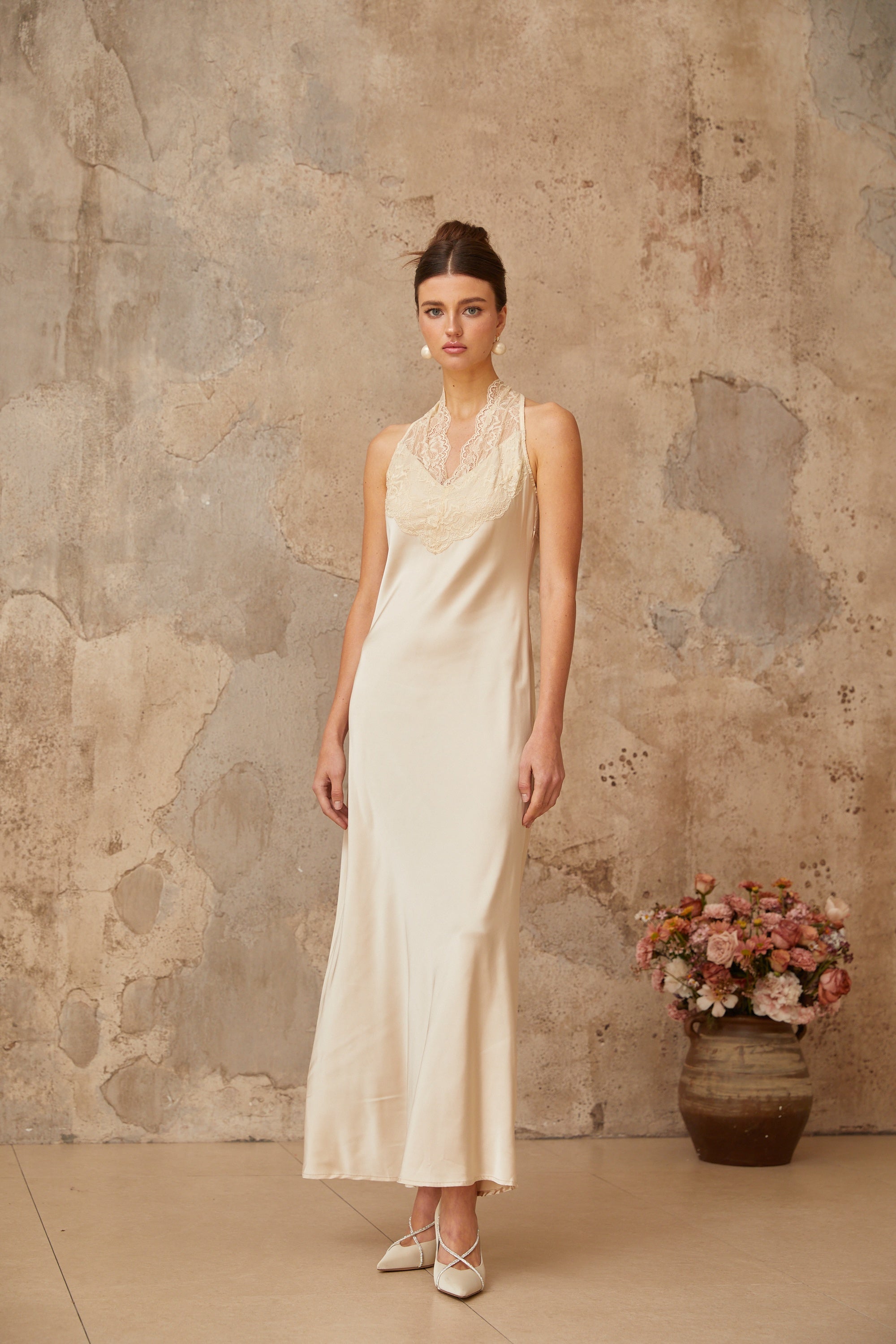 Vera White Lace Trim Satin Maxi Dress (Final Sale-US Only)