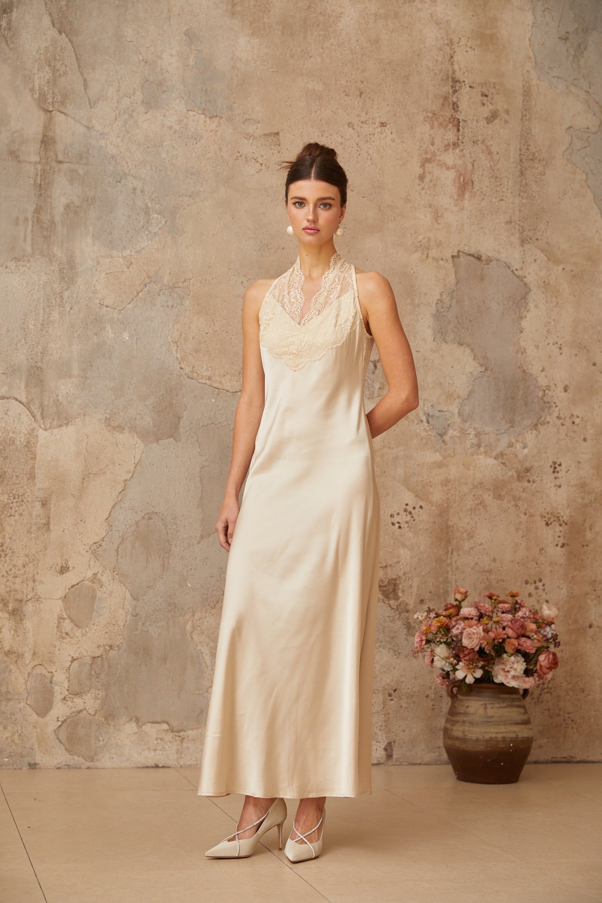Vera White Lace Trim Satin Maxi Dress (Final Sale-US Only)