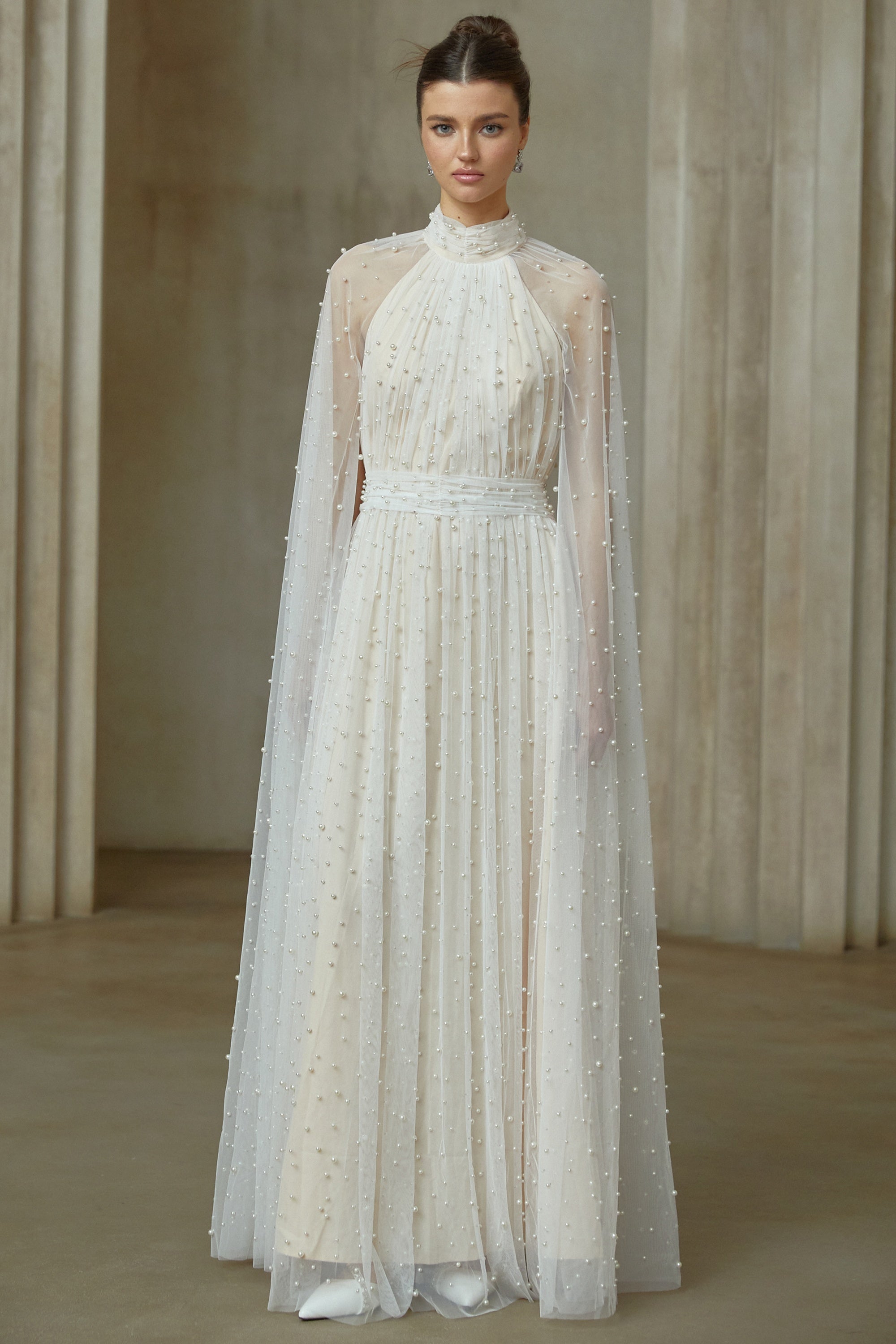 Louane white cape-design embellished tulle maxi dress