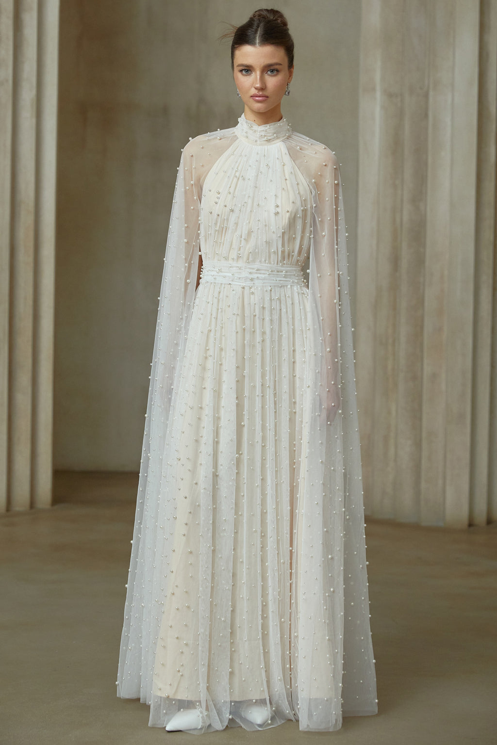 Louane white cape-design embellished tulle maxi dress