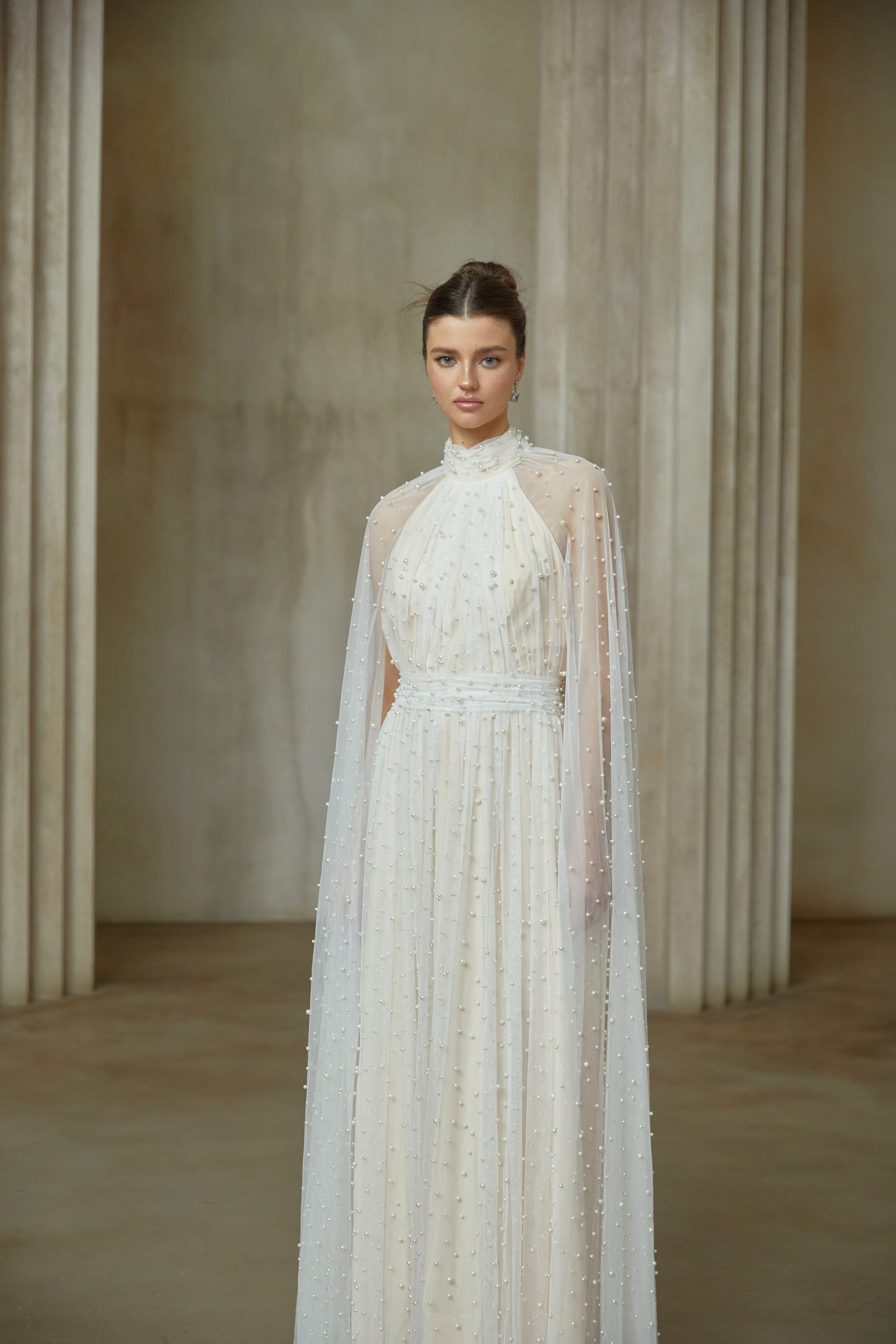 Louane white cape-design embellished tulle maxi dress