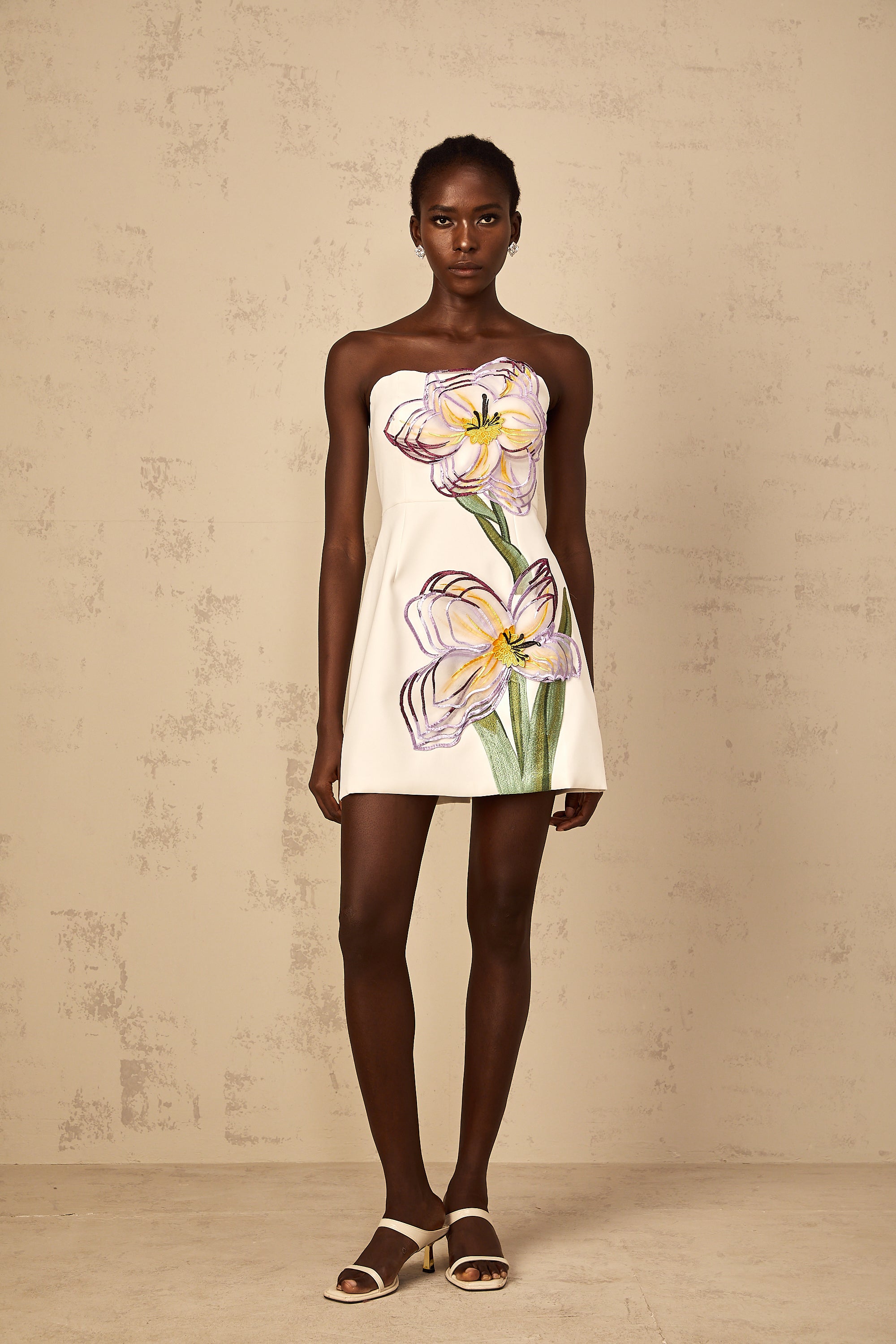 Irène White Off-Shoulder Sequin Floral Embroidered Mini Dress