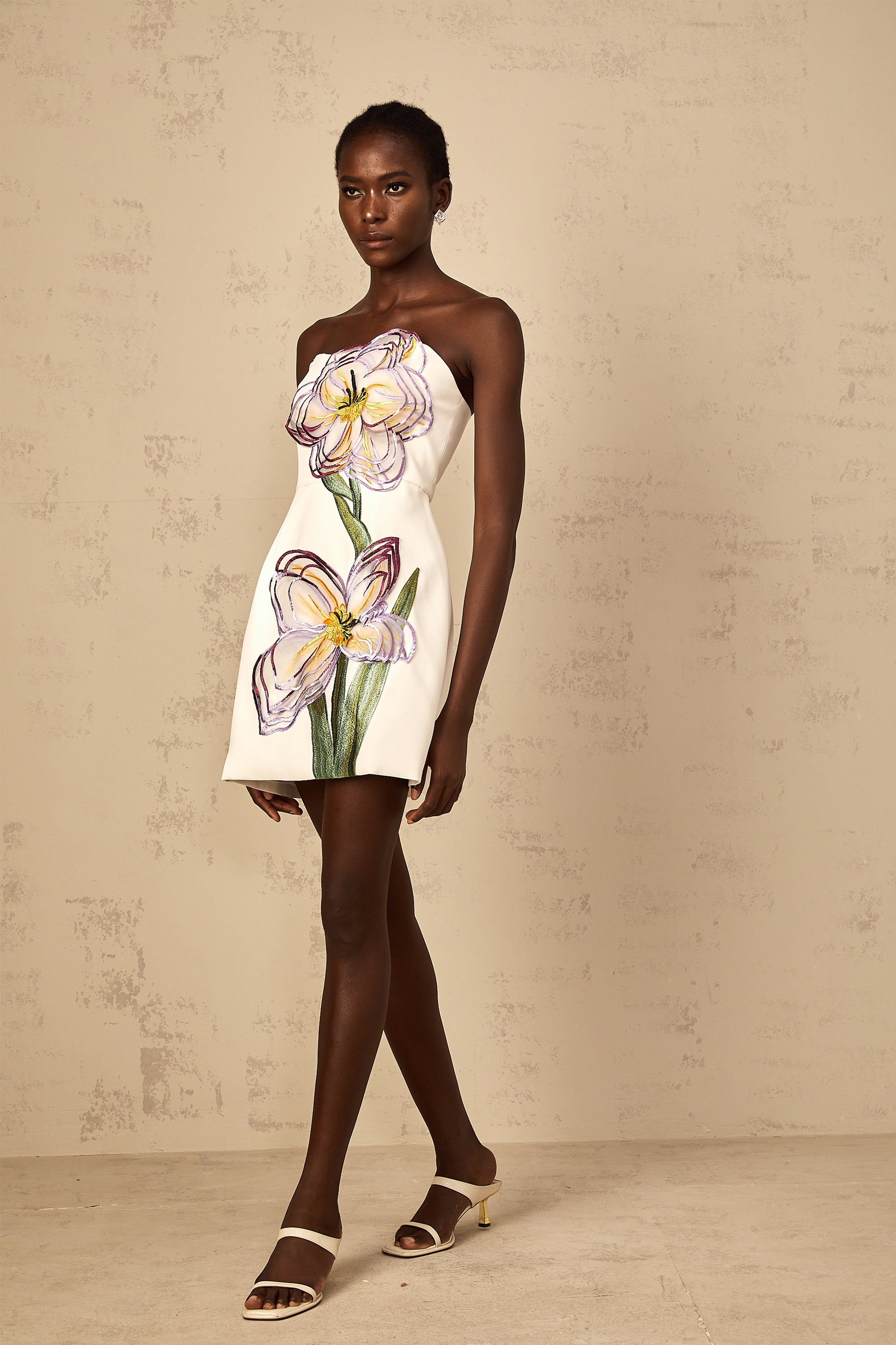 Irène White Off-Shoulder Sequin Floral Embroidered Mini Dress