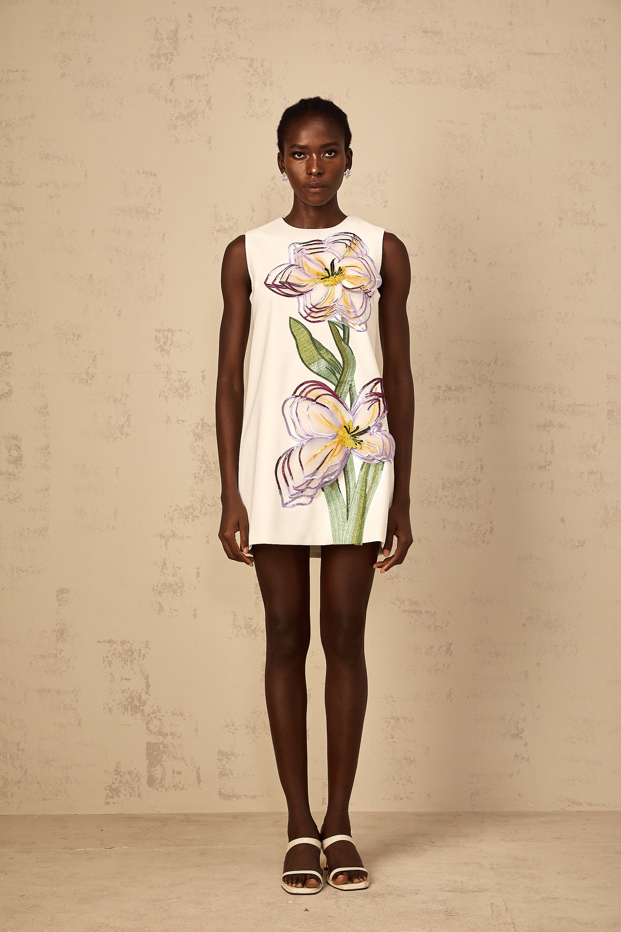 Irène White Sequin Floral Embroidered Mini Dress