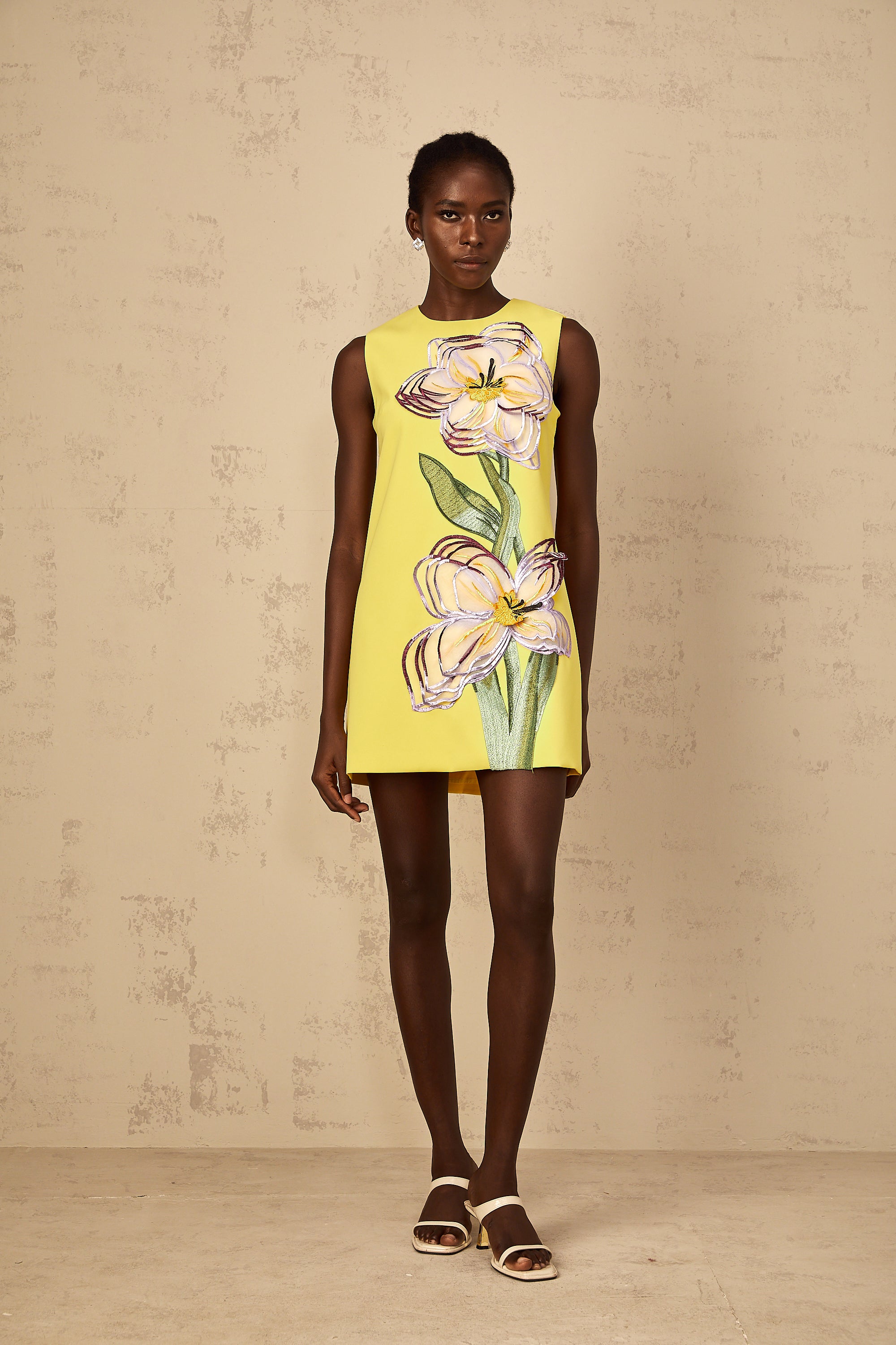 Irène Yellow Sequin Floral Embroidered Mini Dress