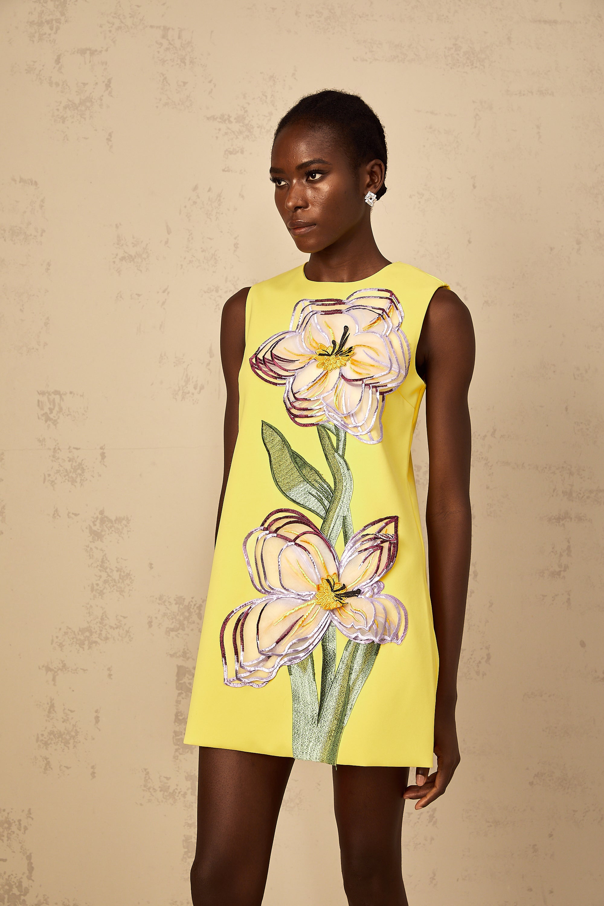 Irène Yellow Sequin Floral Embroidered Mini Dress