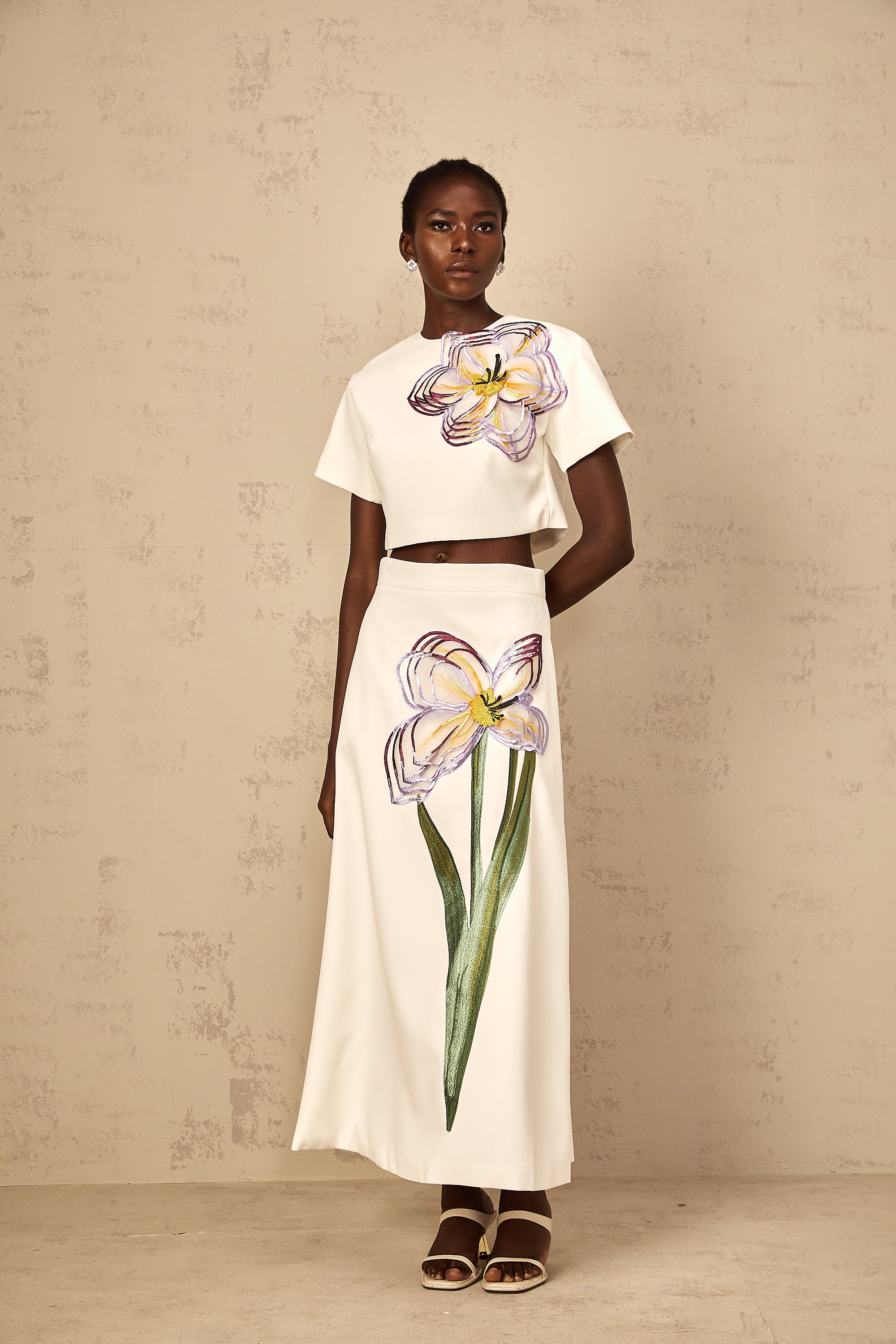 Irène White Sequin Floral Embroidered Matching Set