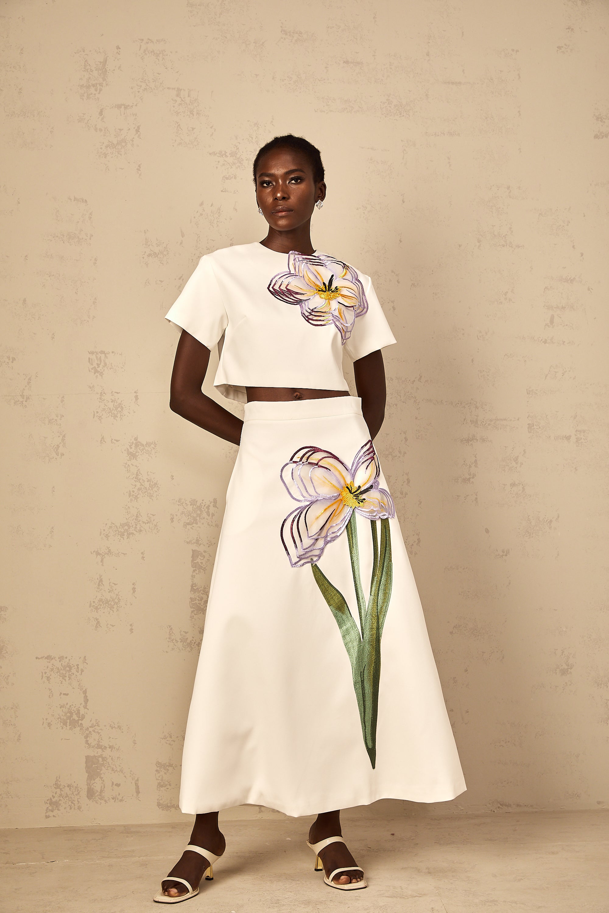 Irène White Sequin Floral Embroidered Matching Set