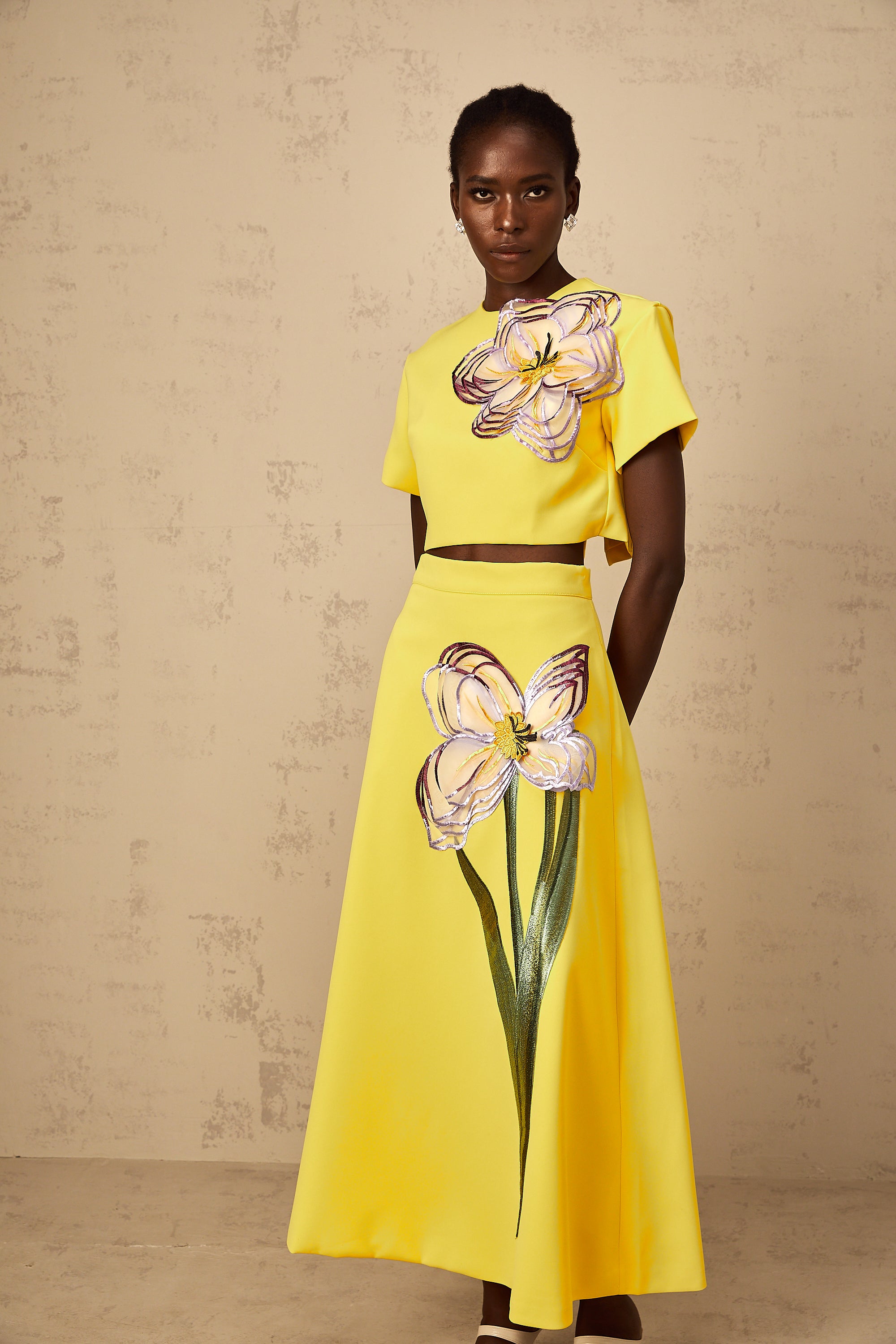 Irène Yellow Sequin Floral Embroidered Matching Set