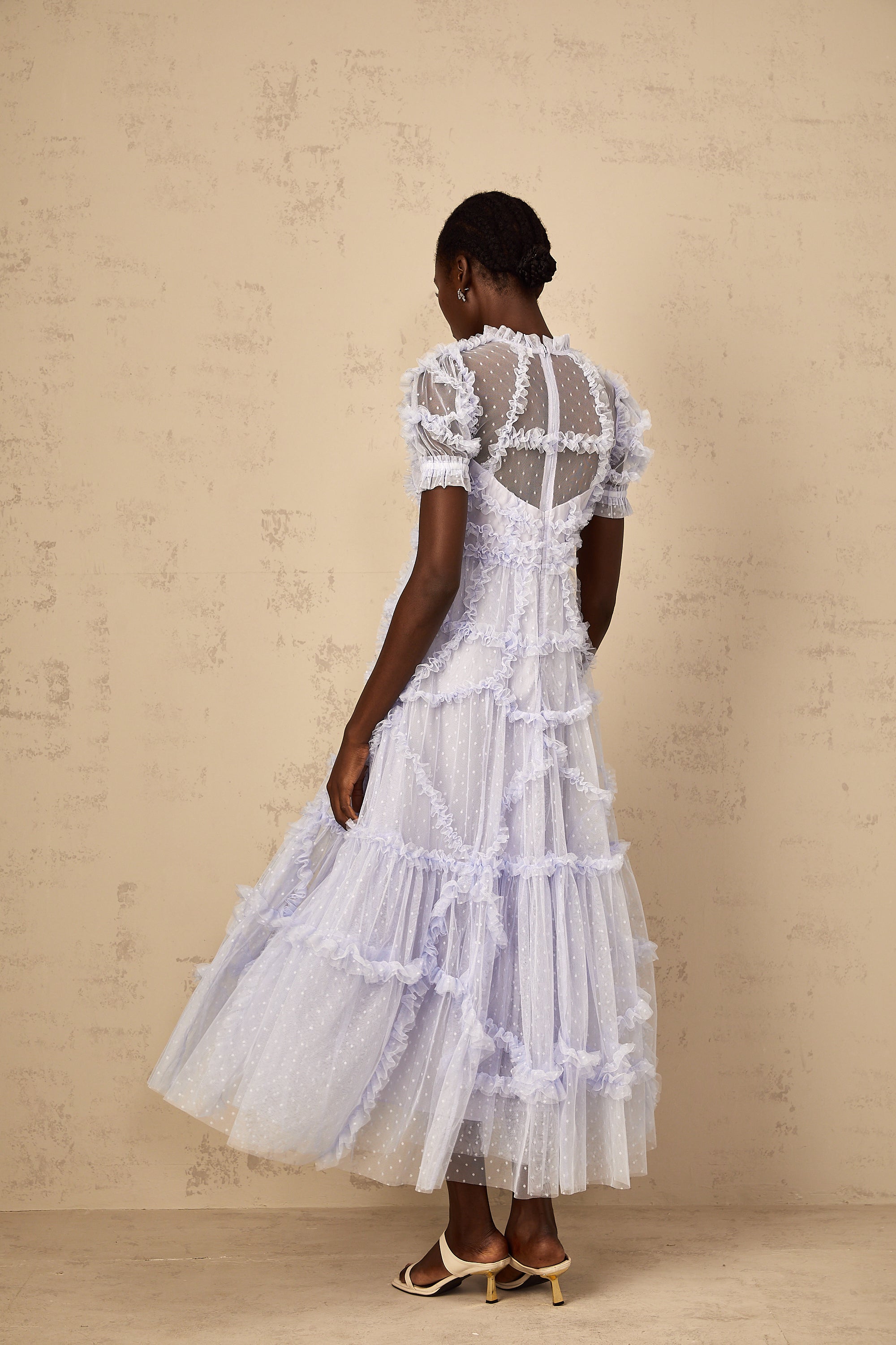 Annabelle Blue Polka Dot Ruffled Tulle Maxi Dress