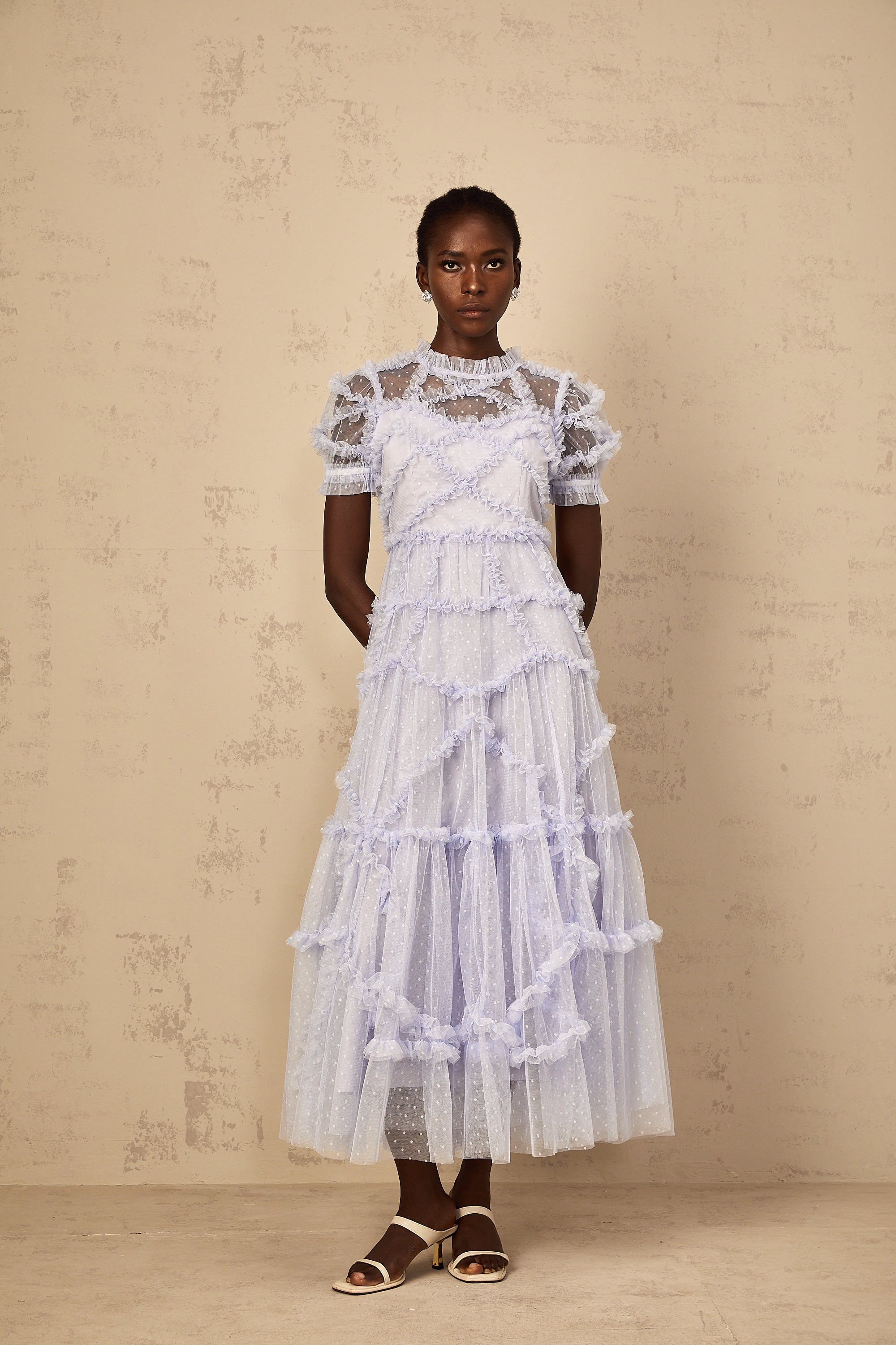 Annabelle Blue Polka Dot Ruffled Tulle Maxi Dress