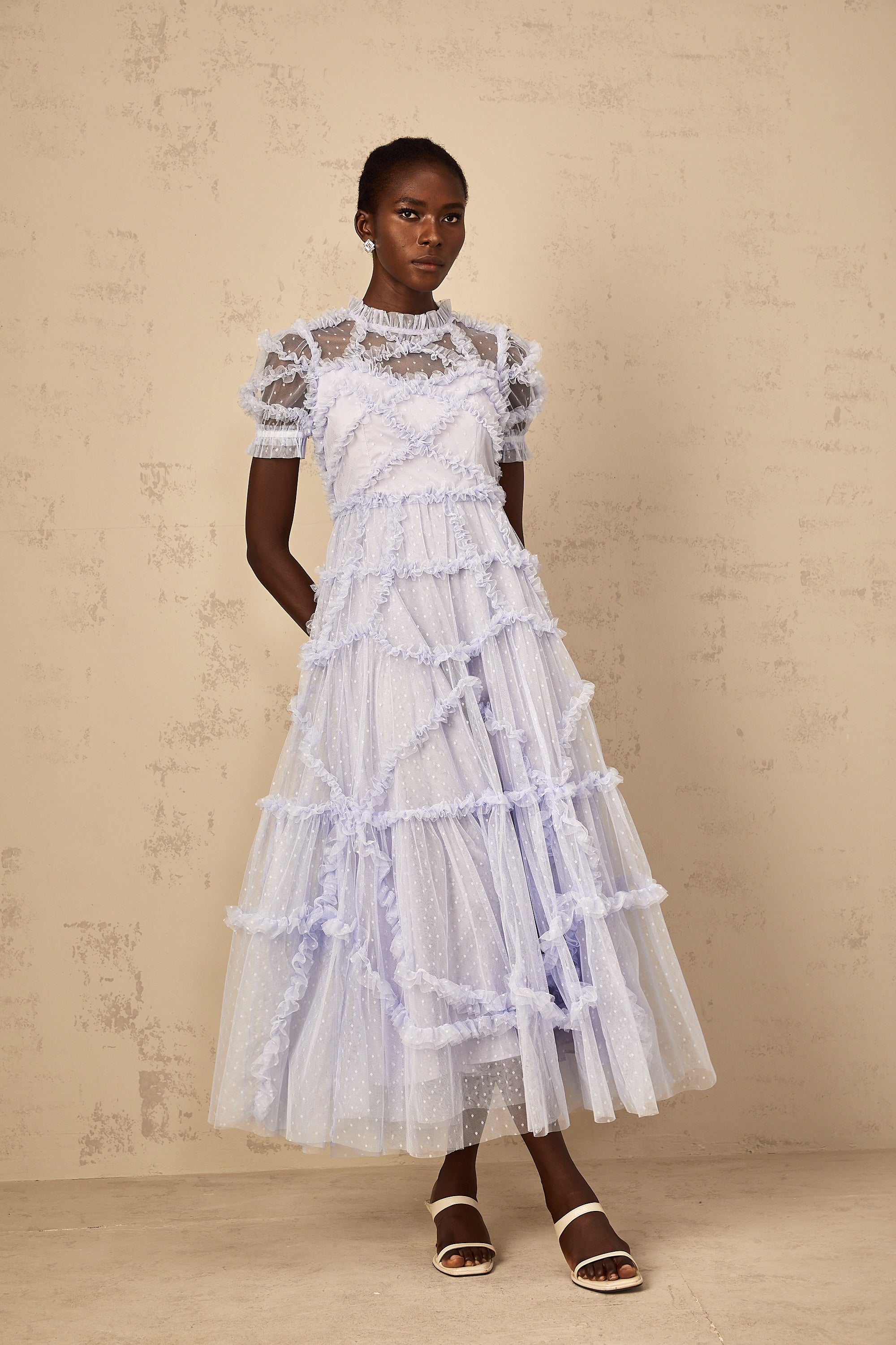 Annabelle Blue Polka Dot Ruffled Tulle Maxi Dress