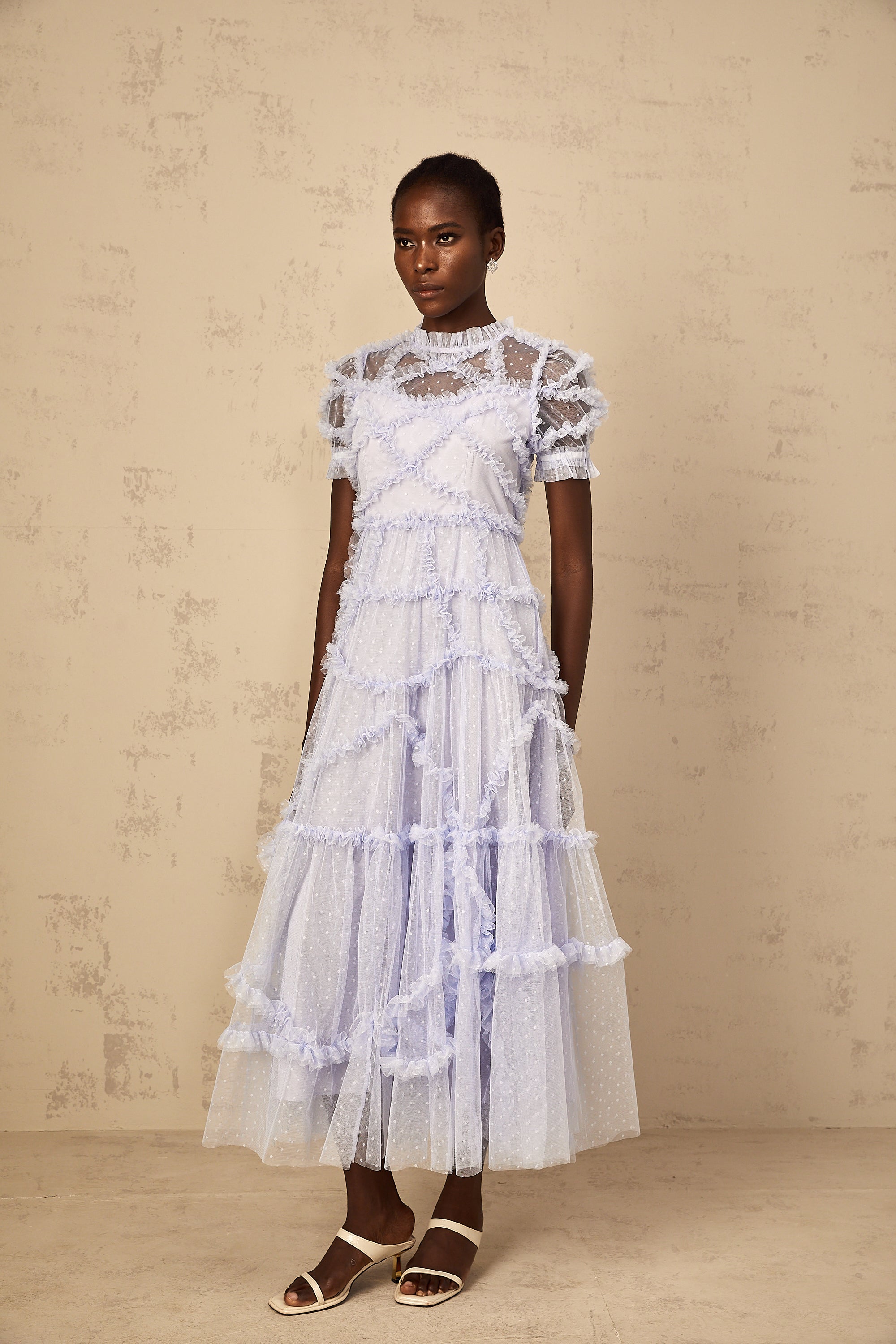 Annabelle Blue Polka Dot Ruffled Tulle Maxi Dress