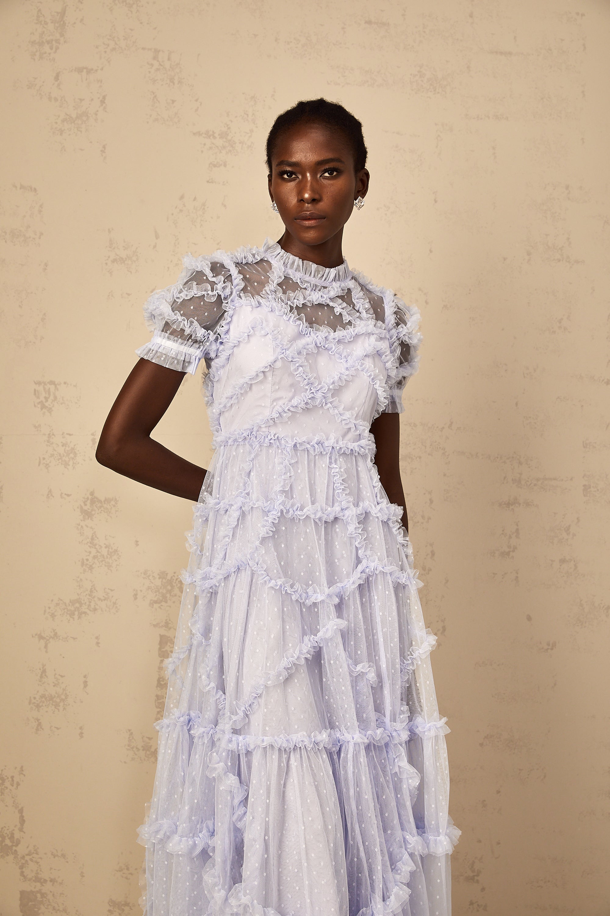 Annabelle Blue Polka Dot Ruffled Tulle Maxi Dress