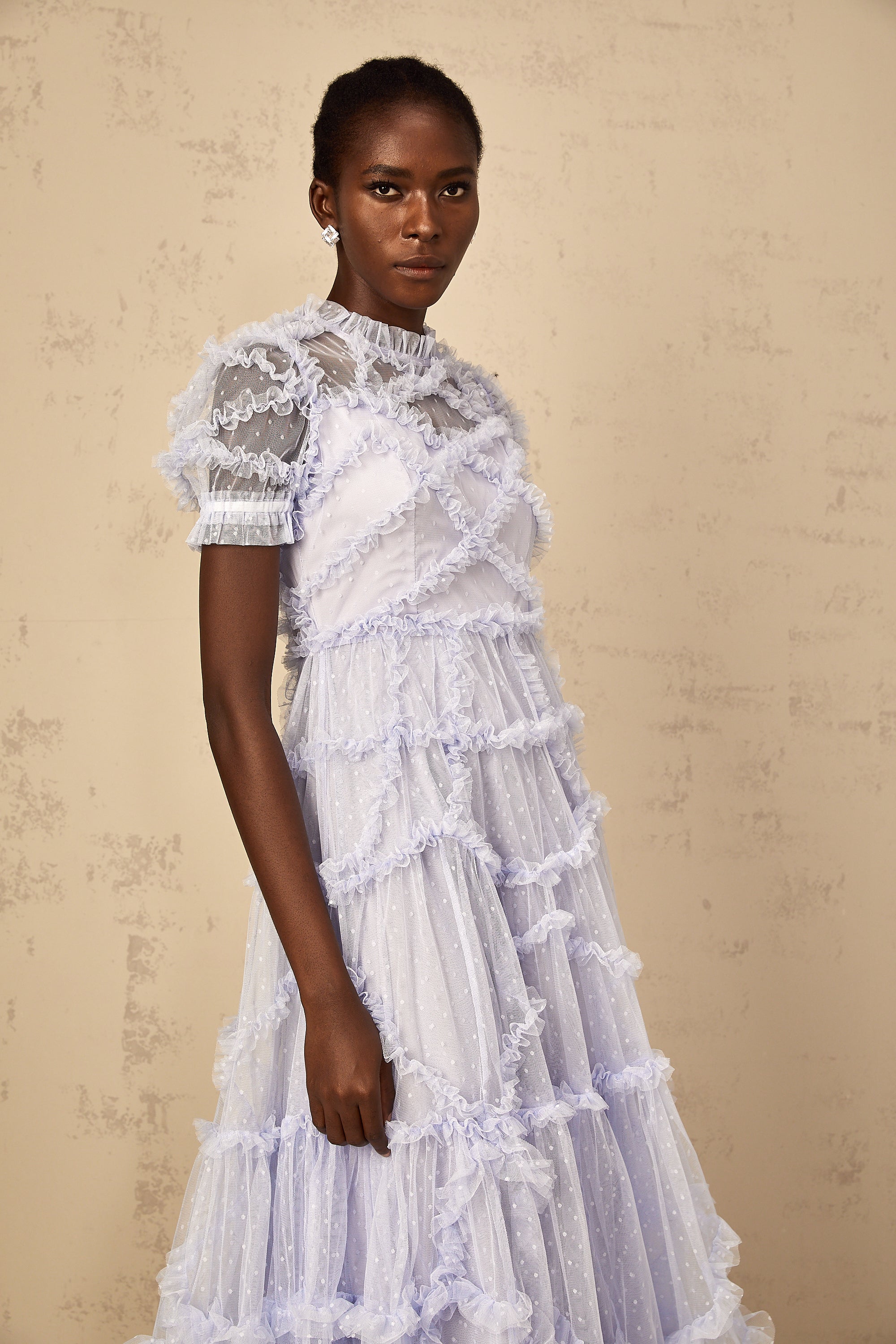 Annabelle Blue Polka Dot Ruffled Tulle Maxi Dress