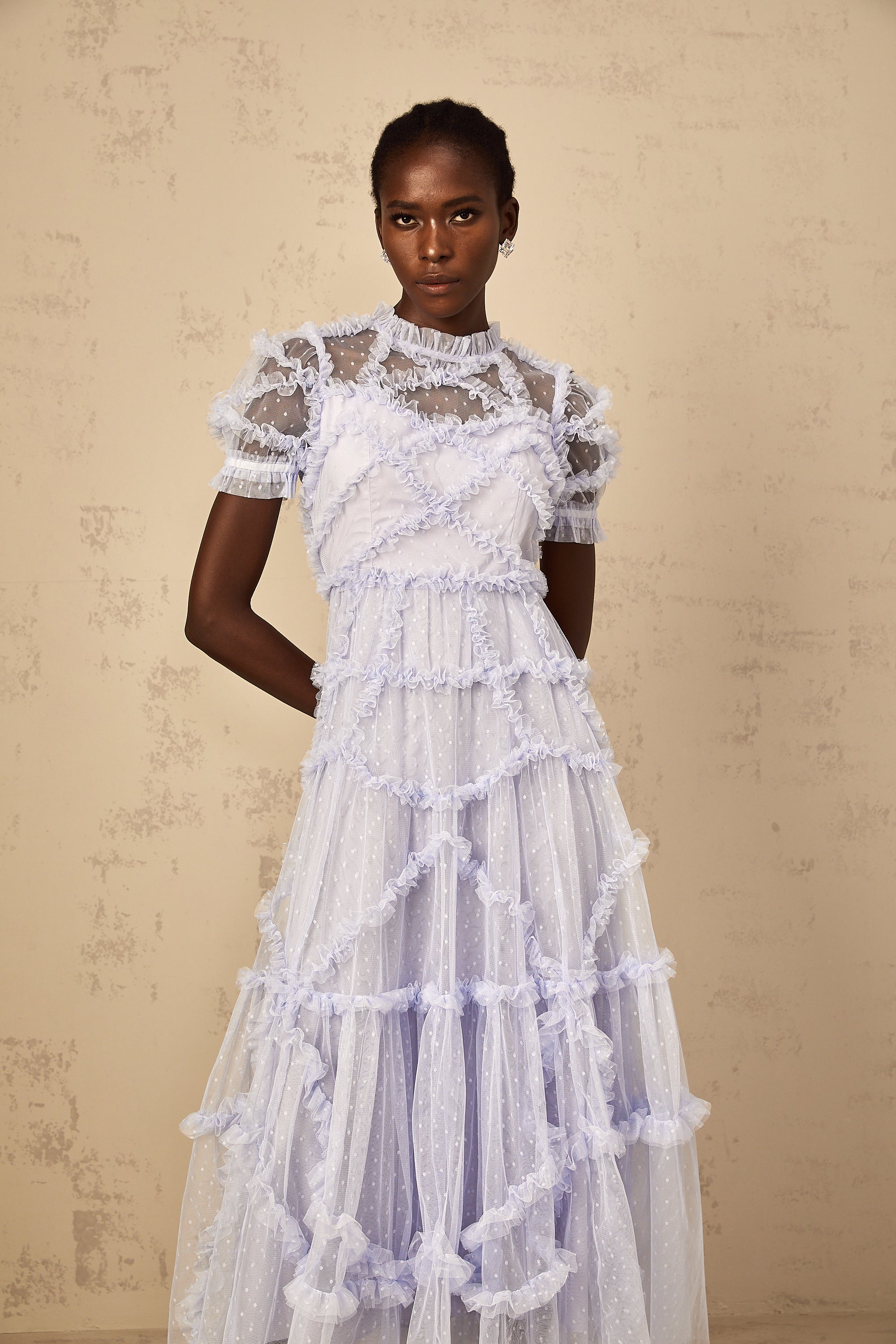 Annabelle Blue Polka Dot Ruffled Tulle Maxi Dress